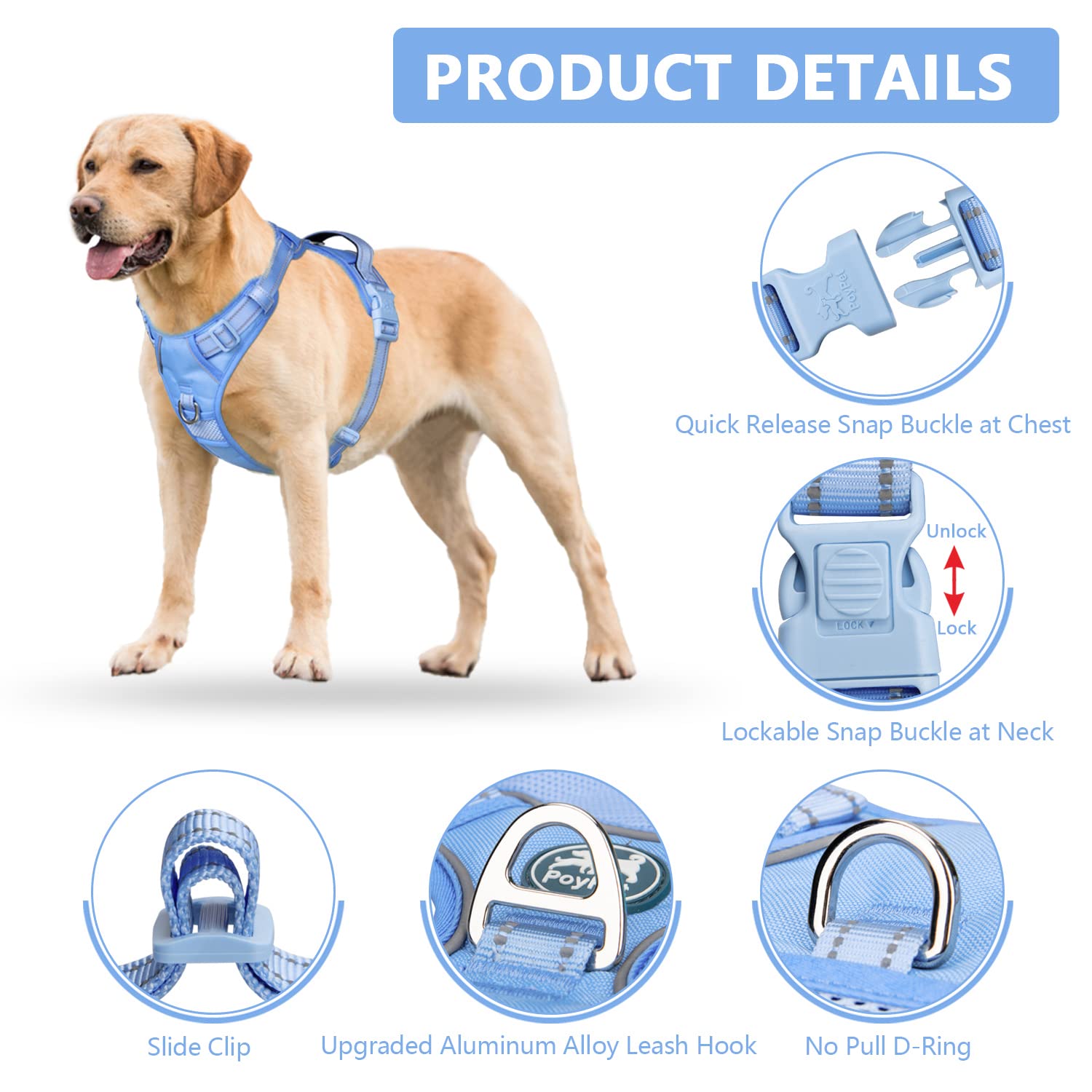 Poypet No Pull Dog Harness, No Choke Reflective Dog Vest, Adjustable Pet Harnesses With Easy Control Padded Handle For Small Medium Large Dogs(Light Blue Matching Trim,L)