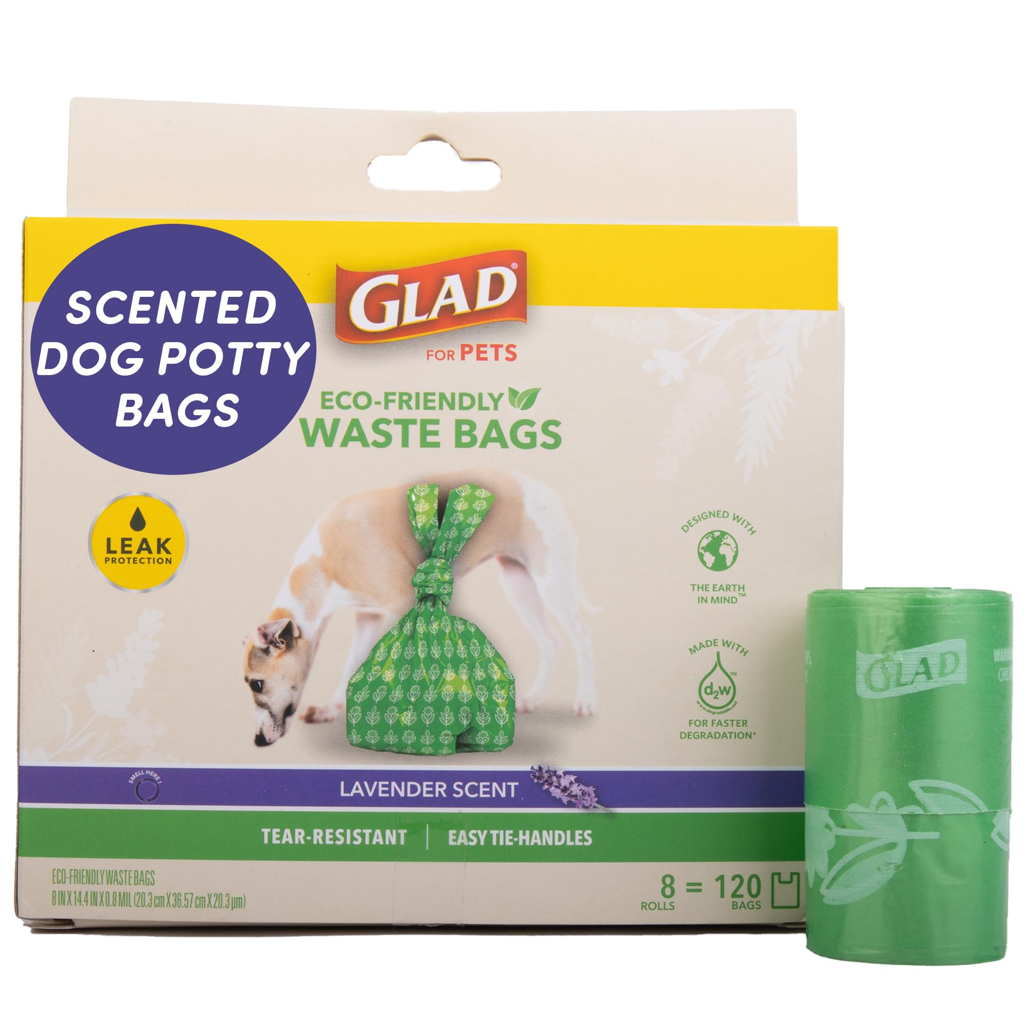 Glad for Pets Dog Waste Bags, Lavender Scent - Leak Proof and Strong Disposable Dog Poop Bags for Dogs, Easy Tie Handles for Cle