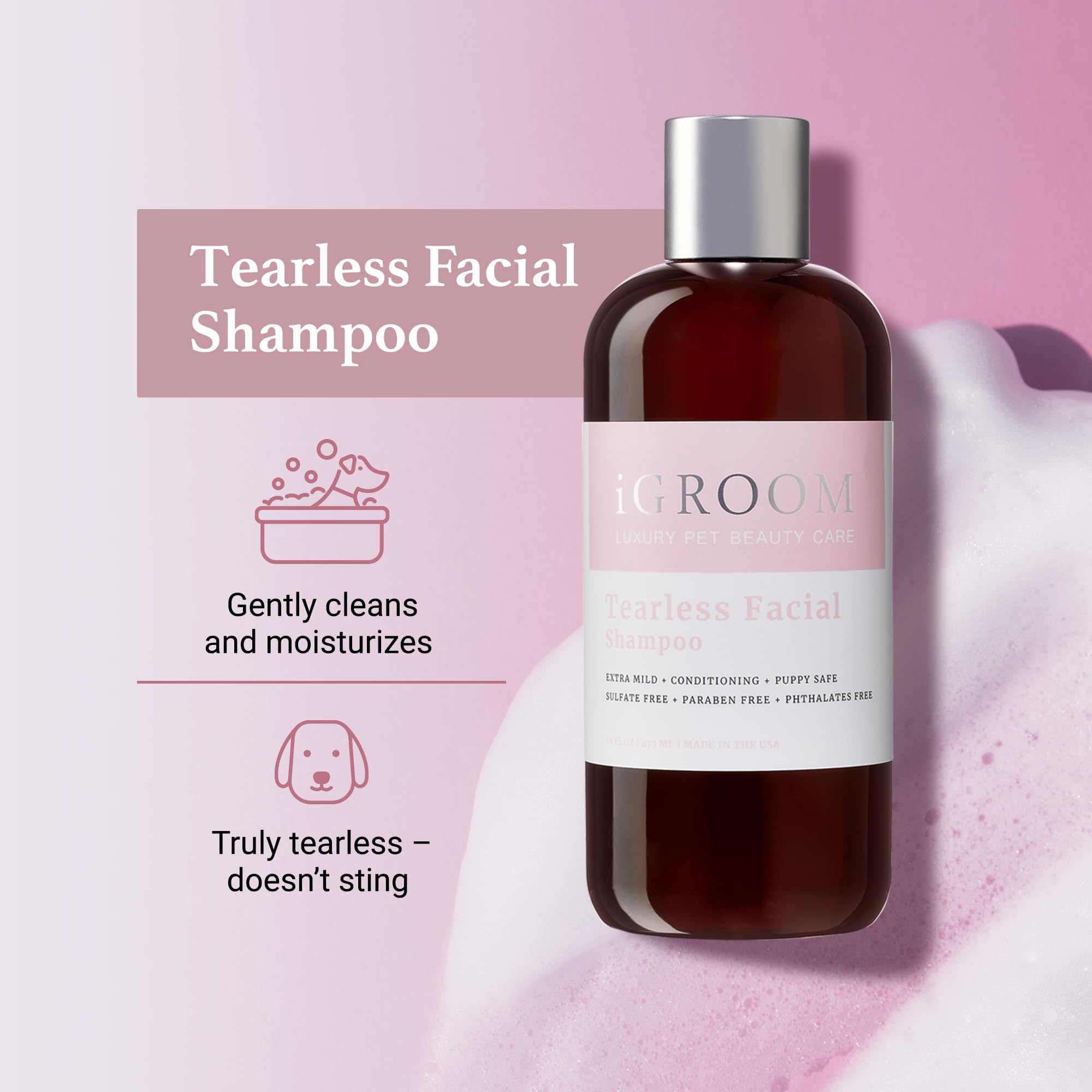 iGroom Tearless Facial Dog Shampoo - Ultra Mild, 128 Fl Oz, Restores Skin Moisture, Made in USA, Model IG00849
