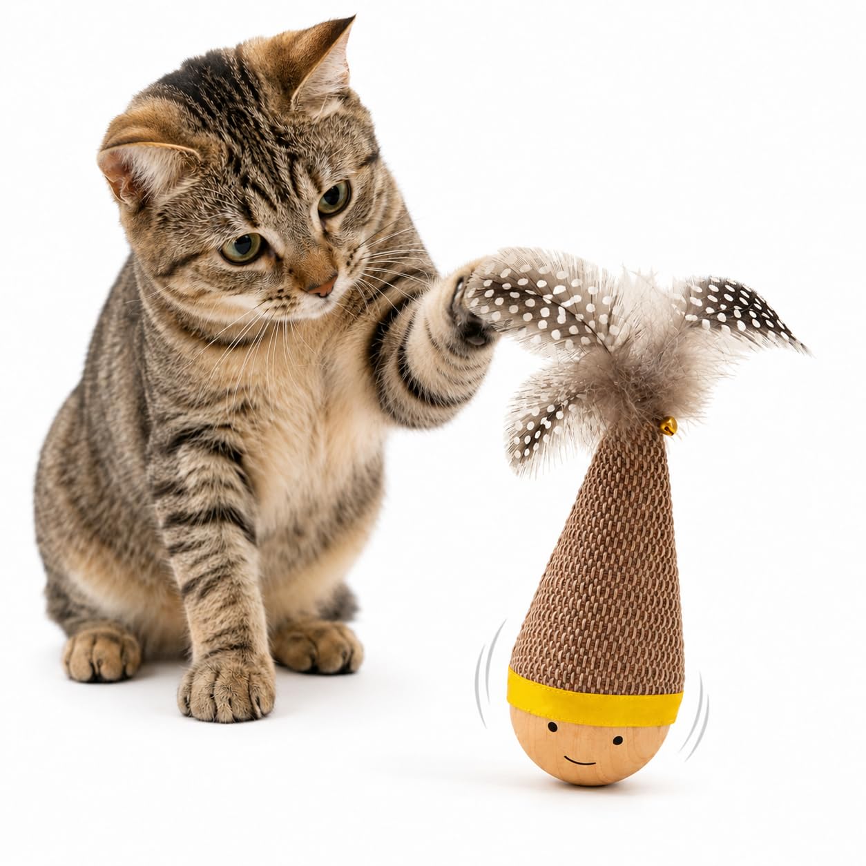 Fexlaro 1 Pc Wobble Cat Toy With Feather Teaser, SelfRighting Roly Poly Tumbler For Kittens & Indoor Cats, Beechwood Base Exerc