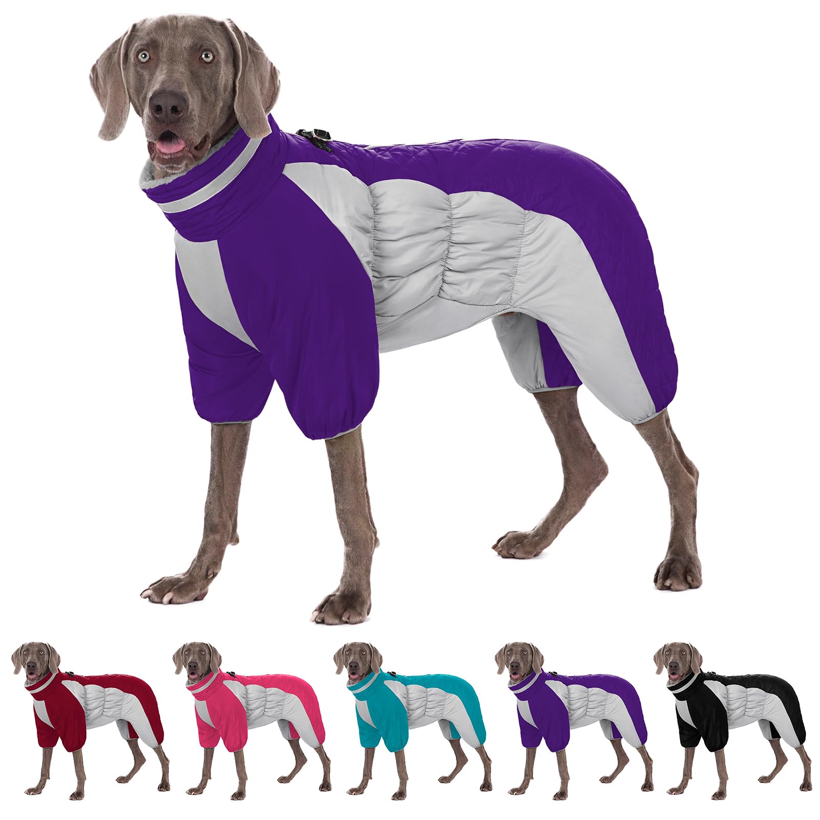 AOFITEE Large Dog Jacket - Warm Winter Coat with Built-in Harness, Reflective Turtleneck, Windproof Snowsuit, Four-Legged Fleece