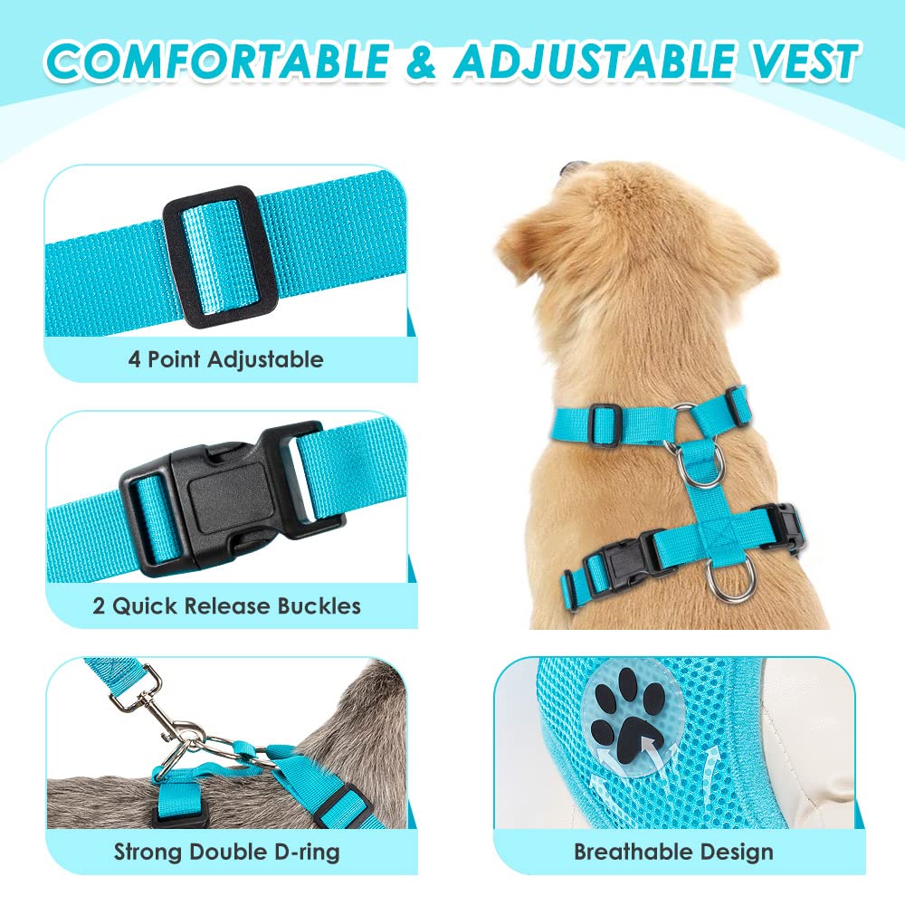 Slowton Dog Car Harness Seat Belt Set, Dog Vest Harness Adjustable Mesh Breathable & Vehicle Safety Seatbelt Tether With Elastic Bungee For Small Medium Large Pets (Light Blue, L)