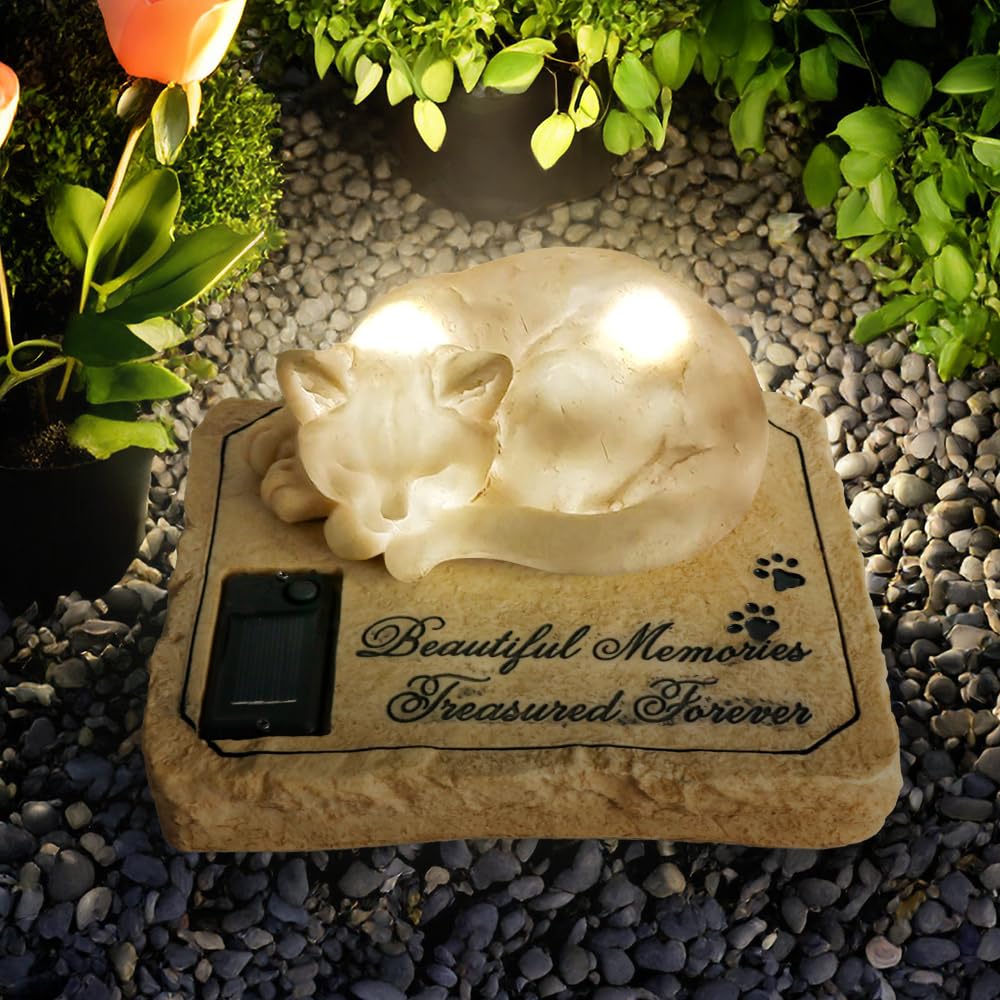 Solar Light Memorial Stones With Sleeping Cat Statue - Auto Glow Night Cat Grave Markers - 8'X6.5'X3'