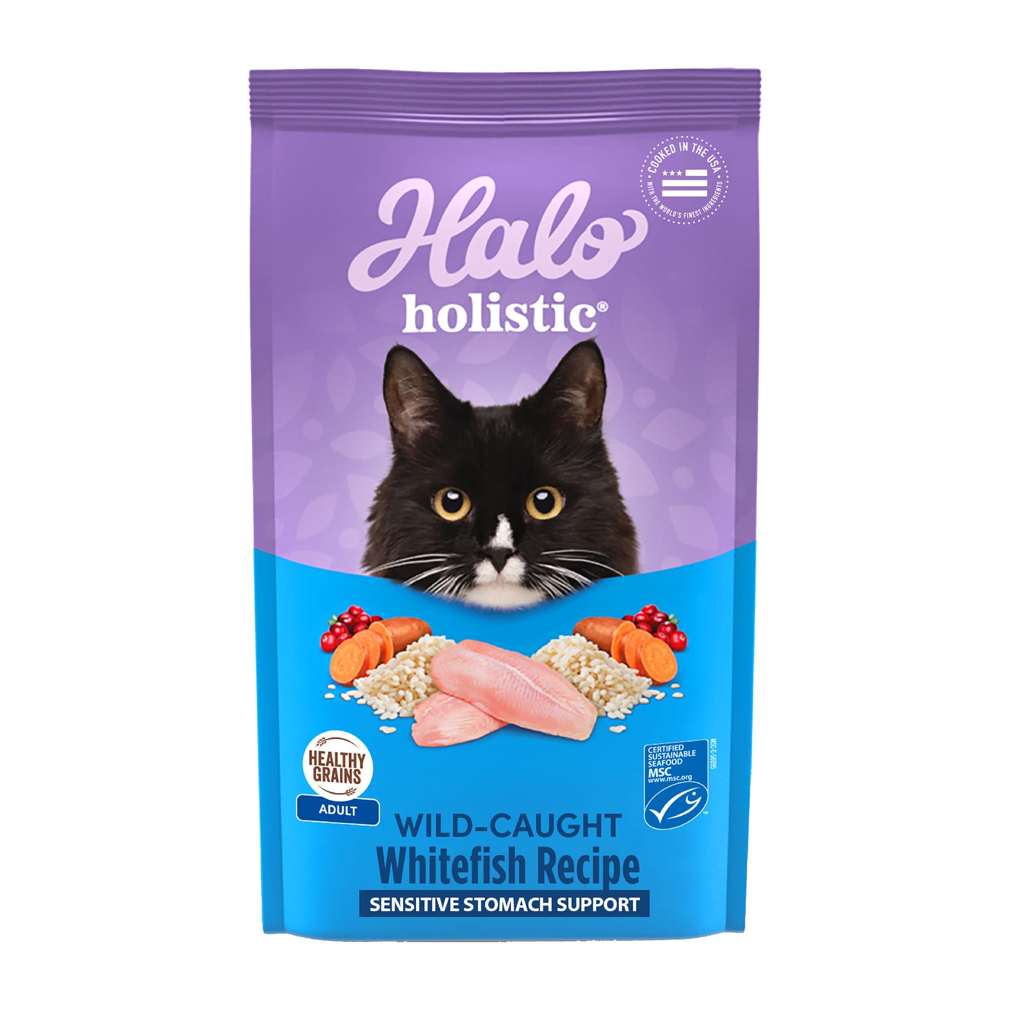 Halo Holistic Cat Food Wild Caught Salmon & Whitefish Formula, Healthy Grains Dry Cat Food, For Sensitive Stomach Support, Kibbl