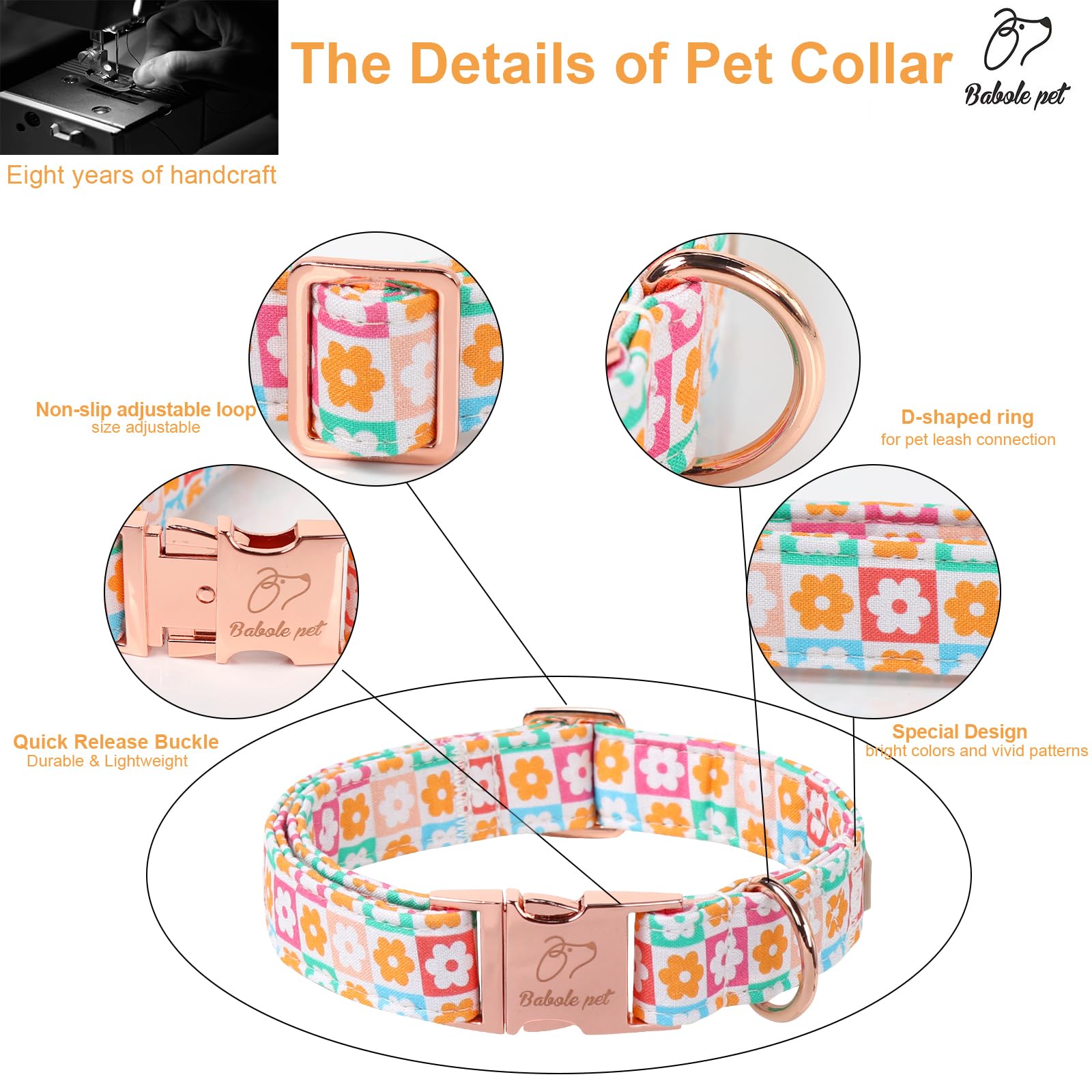 Babole Pet Spring Dog Collar, Pastel Checkered Flowers Pet Collar With Metal Buckel, Durable Adjustable Designer Dog Collars For