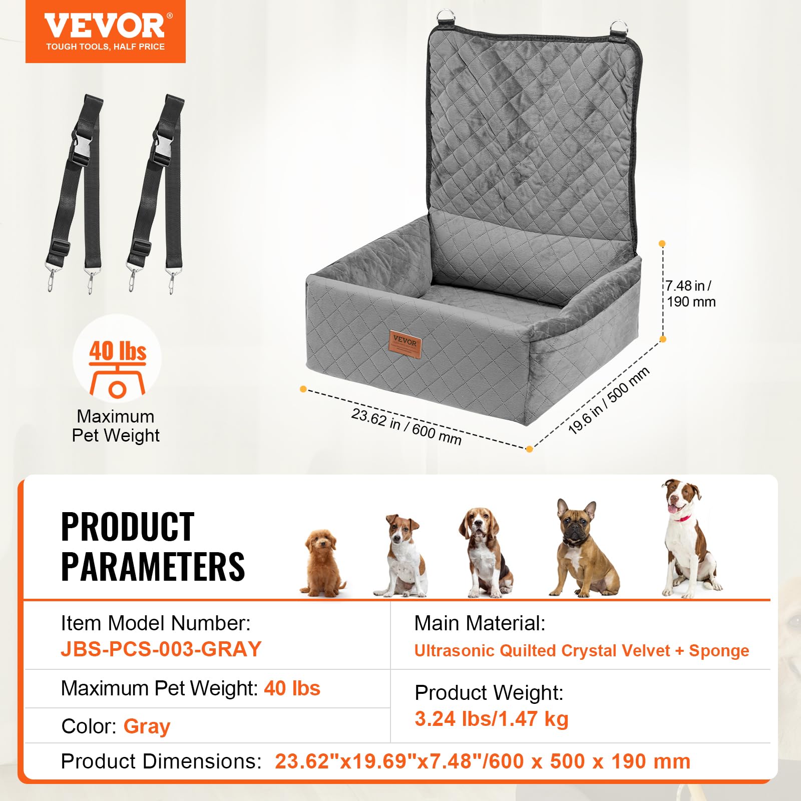 Vevor Dog Booster Car Seat Pet Car Seat For Small Medium Dog Up To 40 Lbs Gray