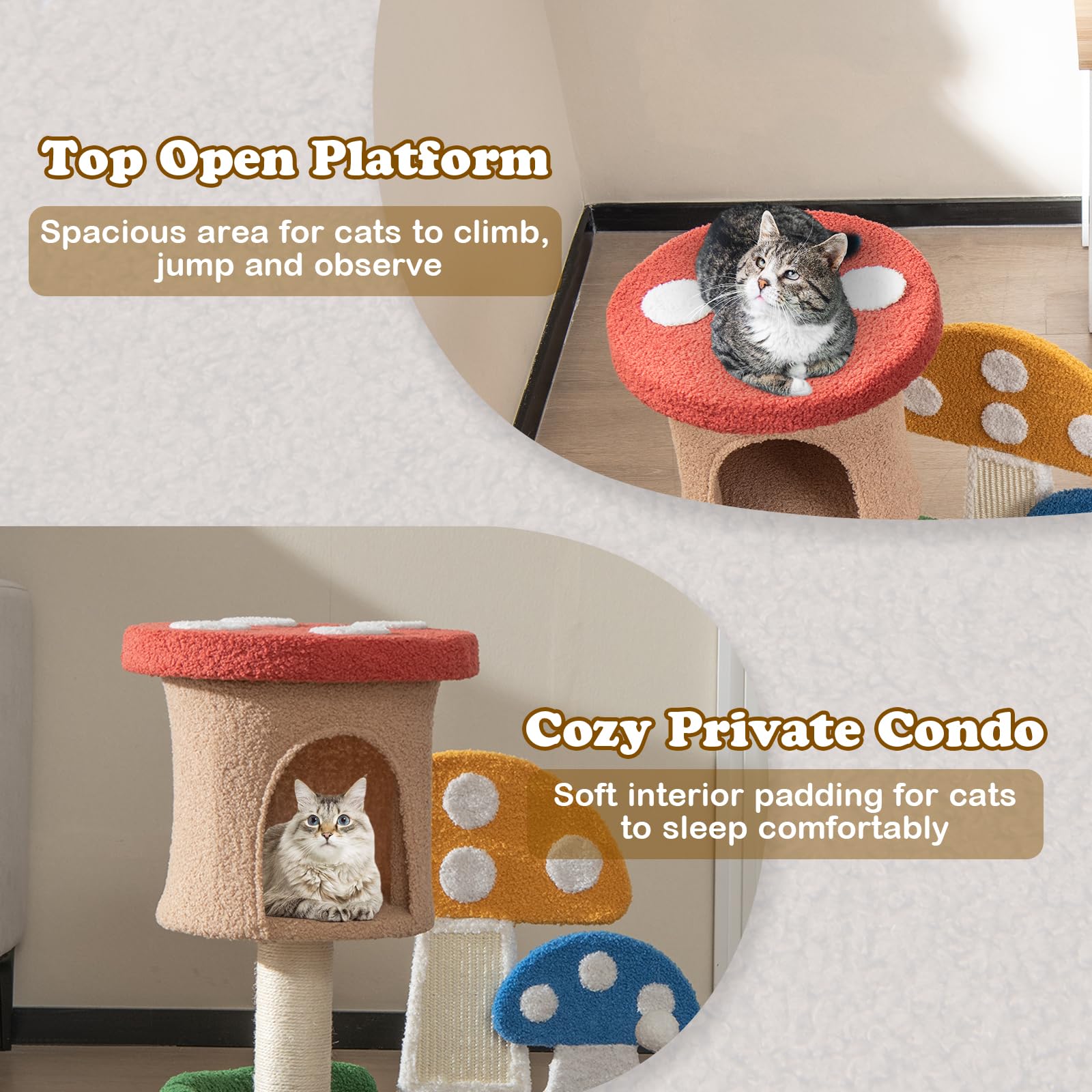 Petsite Mushroom Cat Tree, Modern Small Cat Tower With Natural Sisal Scratching Post & Board, Cat Condo And Teasing Spring Ball,