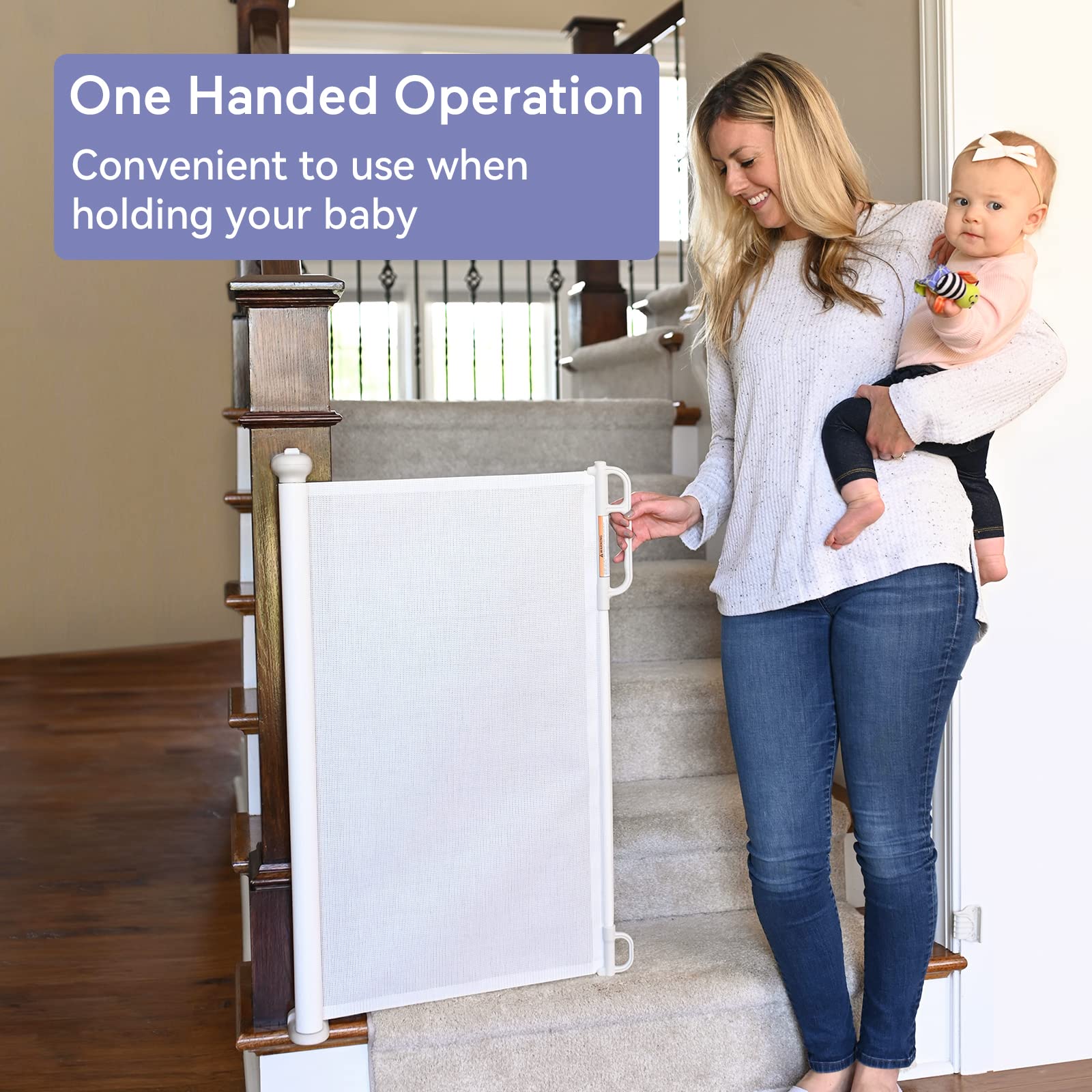 Momcozy Retractable Baby Gate - Extra Wide 33" Tall x 71" Wide, White, Polyester, Ideal for Stairs, Doorways, Indoor/Outdoor Use