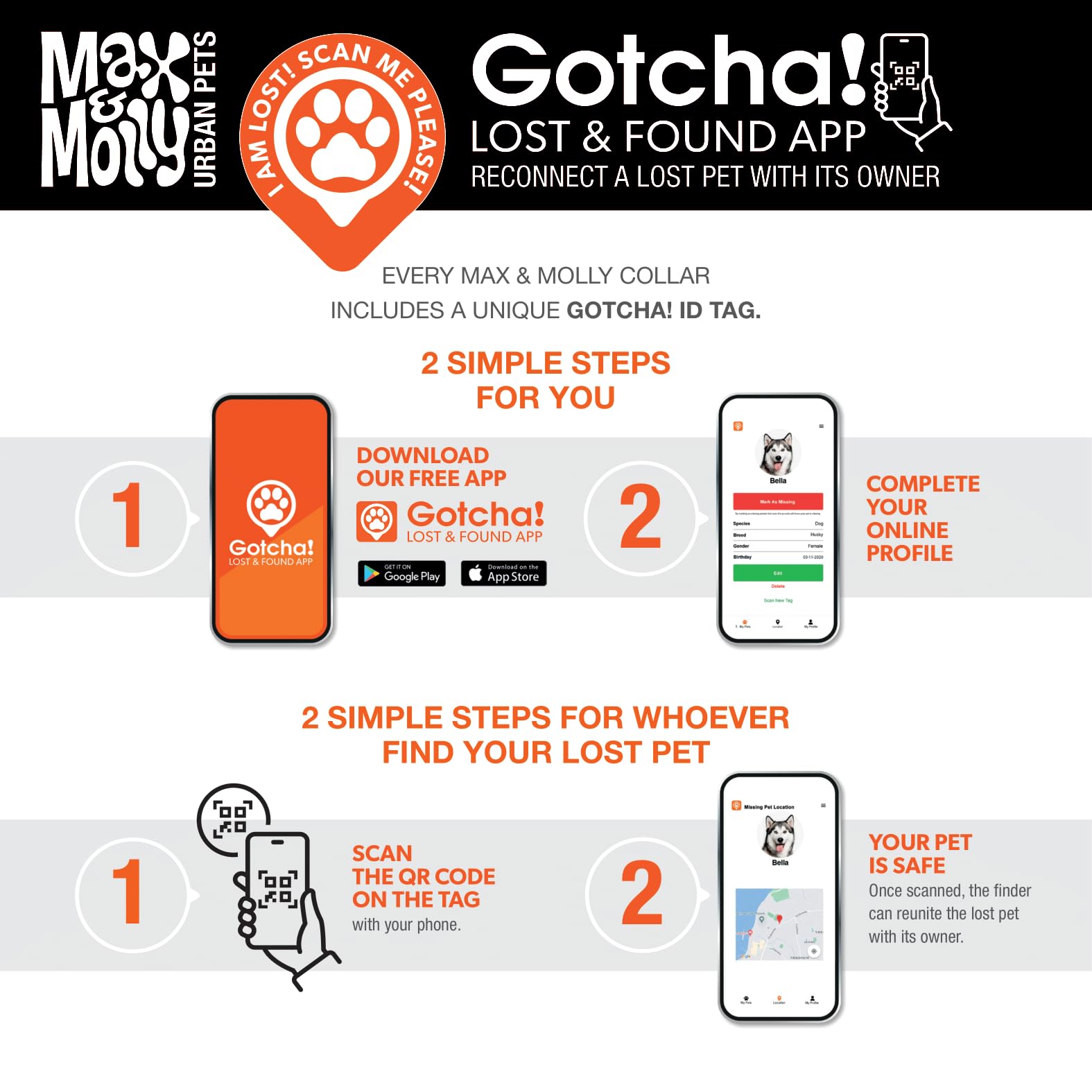 Max & Molly Smart ID Dog Collar with Gotcha! QR Safety Tag and Custom Pet Profile, Soft Padded Neoprene, Waterproof, Tropical, L