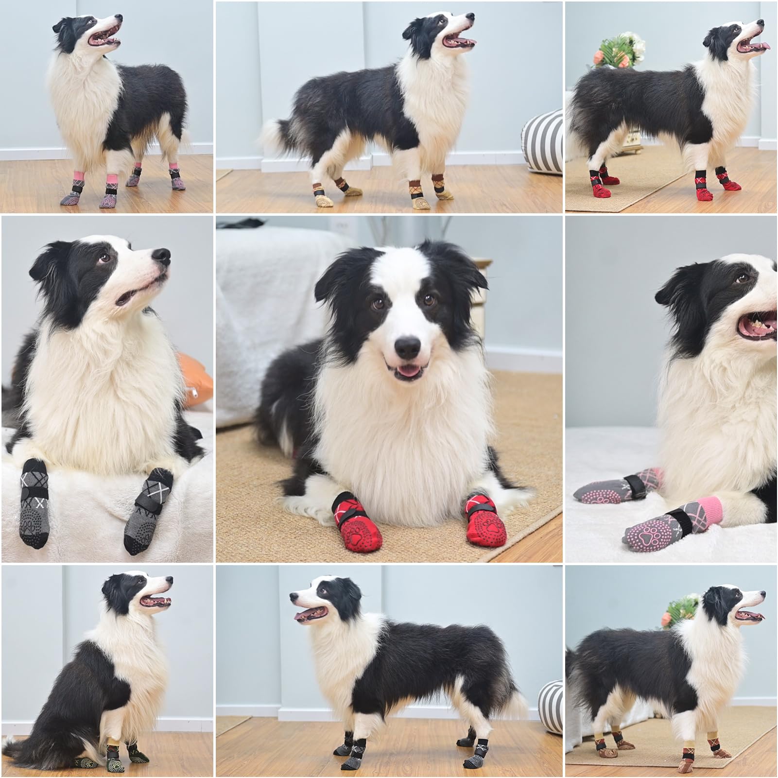 BEAUTYZOO Dog Socks - Anti-Slip Paw Protectors for Hardwood Floors, Size M, Red, 75% Cotton, 25% Polyester, Pack of 6