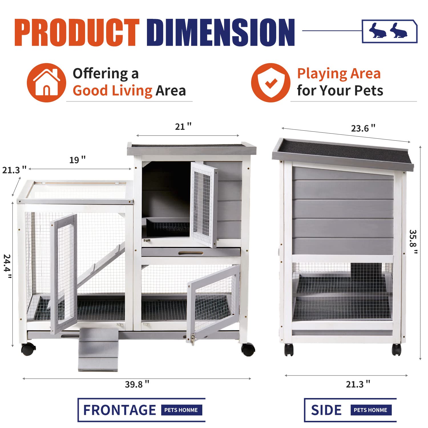Graessa Rabbit Hutch, Indoor Rabbit Cage Two Story Bunny Hutch With Wheels Guinea Pig Cages With Removable No Leaking Tray, Ramp