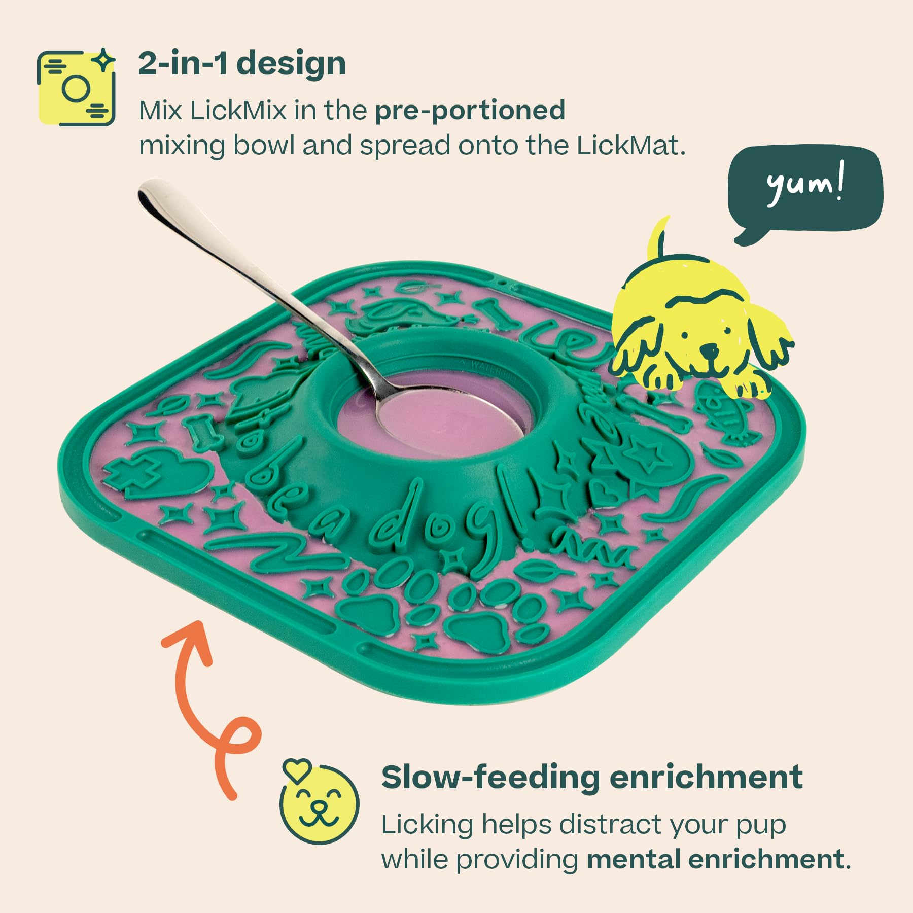 WOOF LickMat - Easy-to-Clean Lick Mat for Dogs - Slow Feeder Mat with Non-Slip Design - BPA-Free Silicone Lick Mat - Interactive