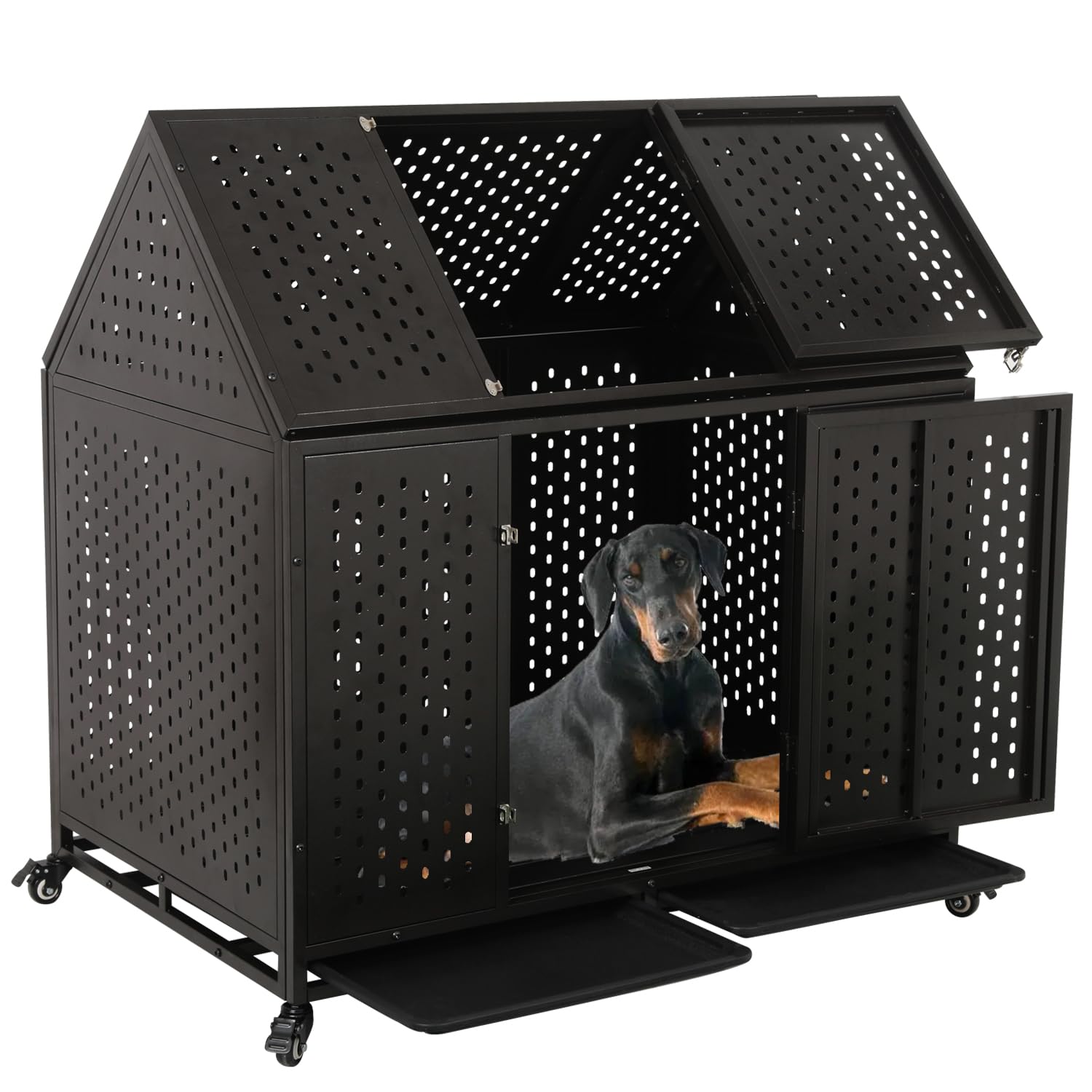 Ufyerutg 44' Indestructible Heavy Duty Dog Crate, Escape Proof Strong Steel Impact Pet Cage For Large Medium Dogs, High Anxiety