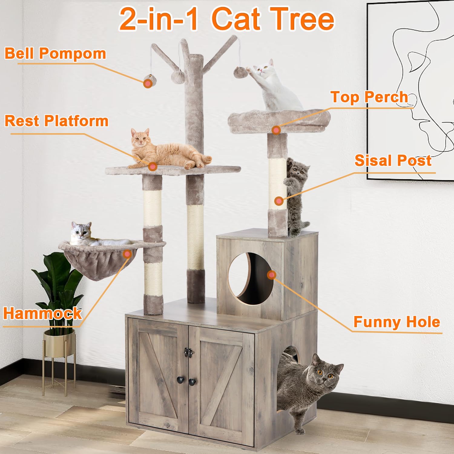 Timberer Cat Tree Tower & Litter Box Enclosure, 2-in-1 Furniture, 19.7"D x 23.6"W x 61"H, Grey, Engineered Wood