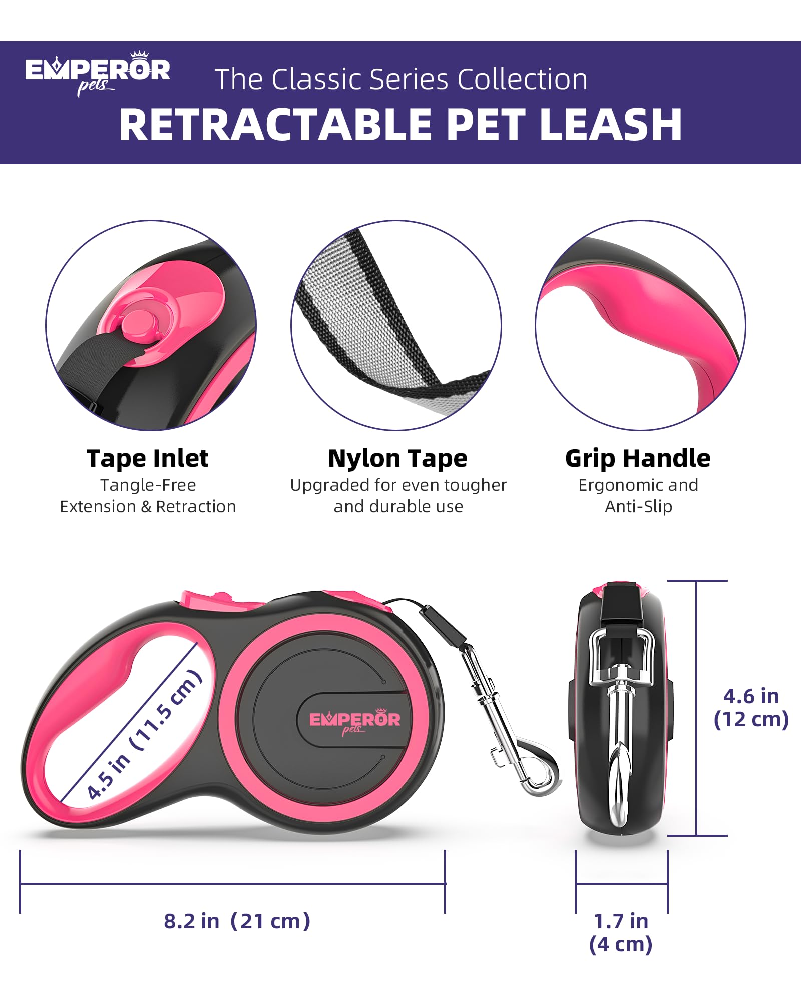 Emperor Pets 16 Ft Retractable Dog Leash - Heavy Duty Retractable Pet Leash With Anti-Slip Grip - Reflective Dog Leash Tape For