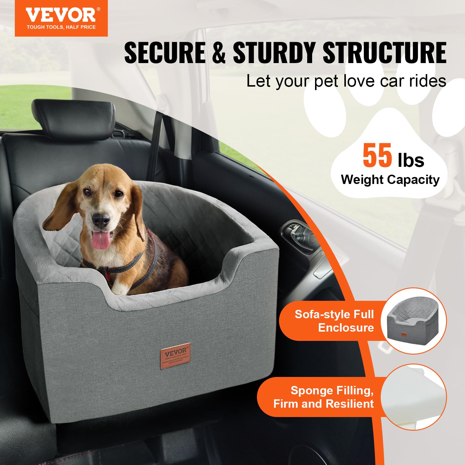 VEVOR Dog Car Seat, Waterproof Booster Seat for Small/Medium Dogs up to 55lbs, Dark Gray, Oxford Fabric with Sponge Filling, Model JBS-PCS-006