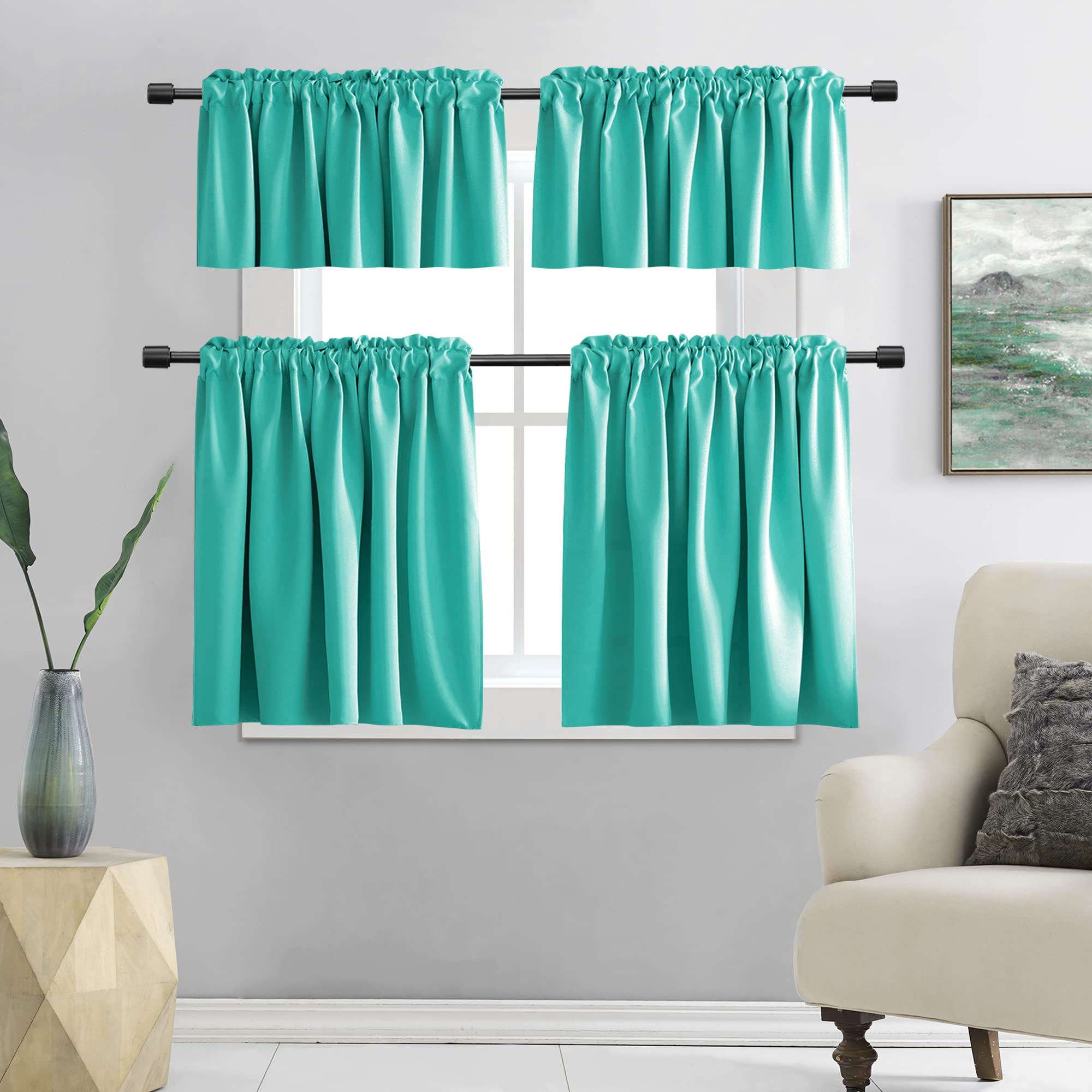 Donren Turquoise Kitchen Blackout Curtain Tiers - Small Curtains For Loft With Rod Pocket(42 X 30 Inches Long,2 Panels)