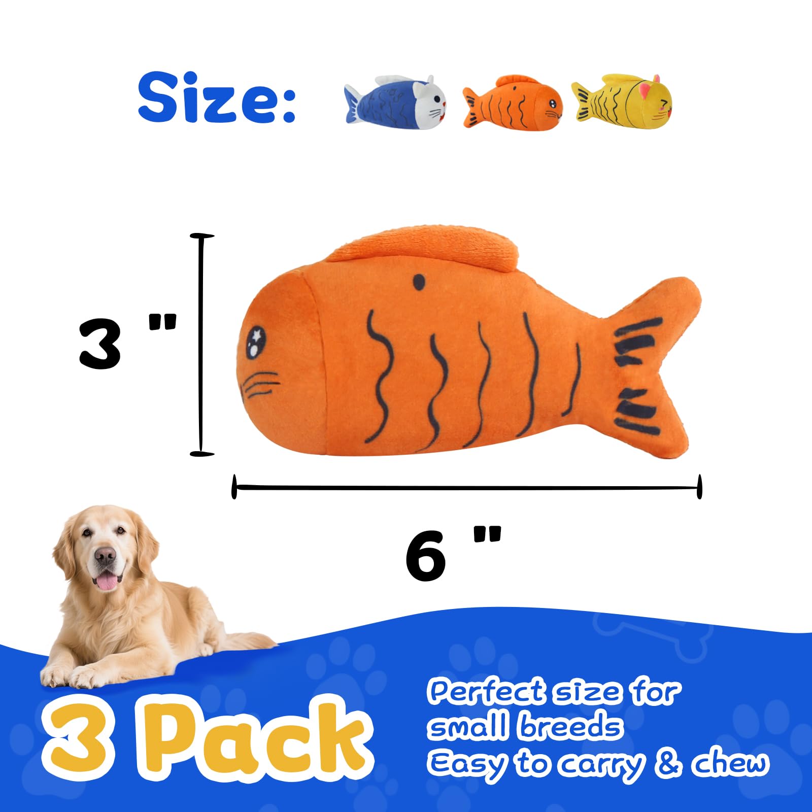 lilfrd Squeaky Dog Toys for Small Dogs & Puppy - 3 Pack Fish Crinkle Squeak Pet Toys for Interactive Play, Boredom Relief & Teet