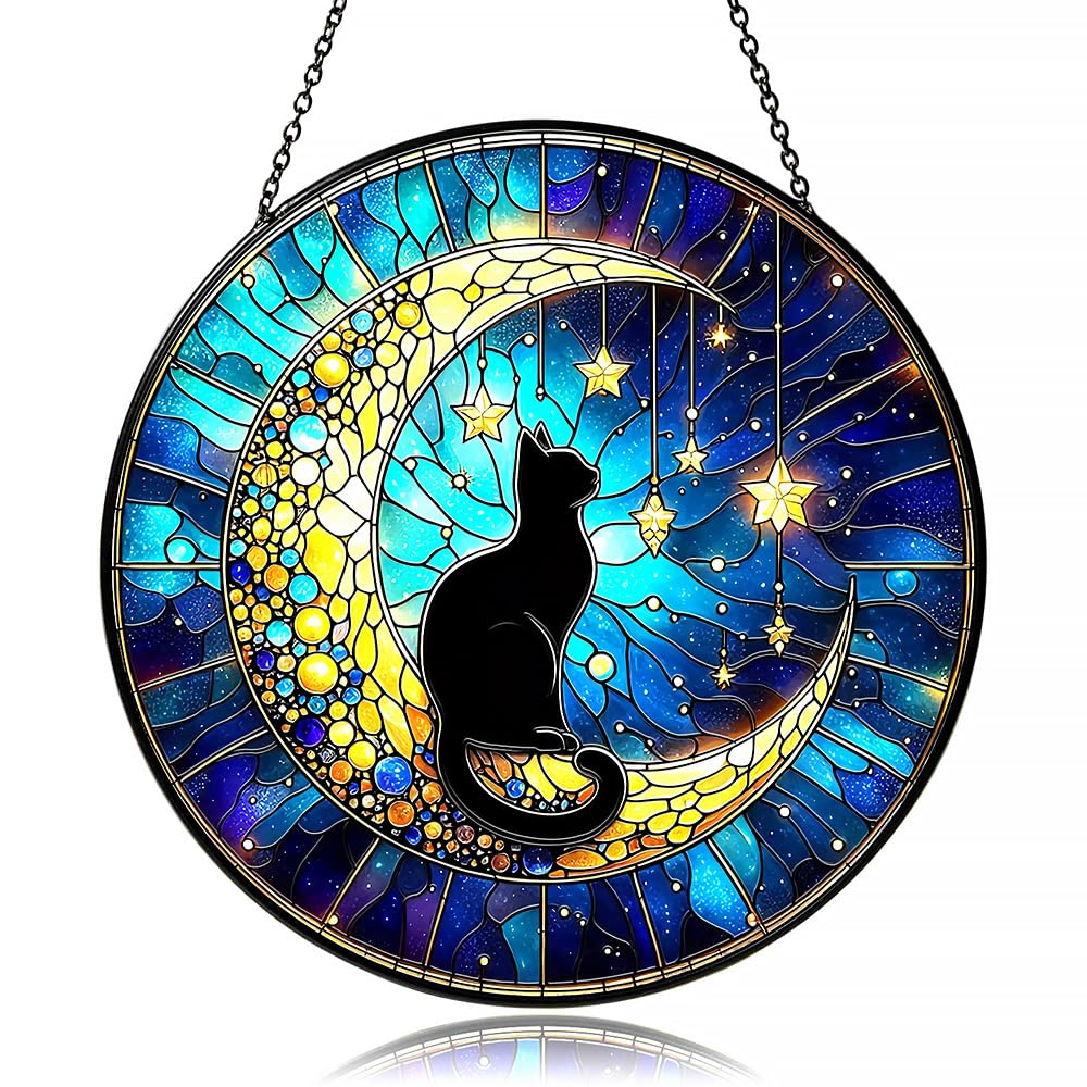 Midnight Black Cat on Moon Stained Glass Suncatcher - Celestial Window Hanging Decor for Feline Lovers, Heartfelt Pet Loss Memor