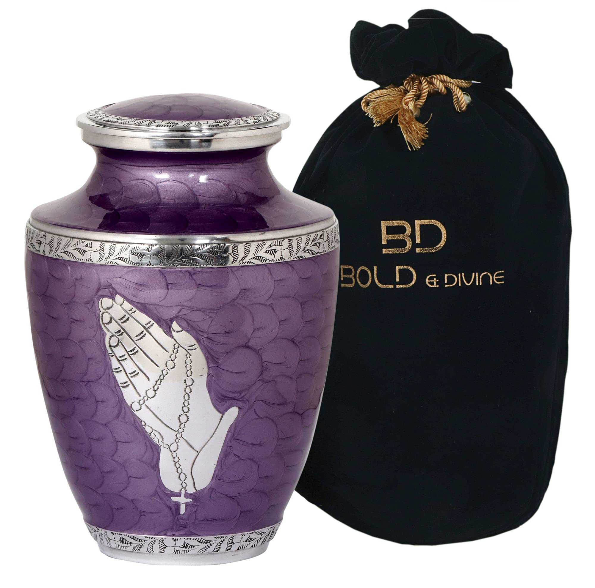 Bold & Divine™ Praying Hand Large Adult Urn For Human Ashes |A Simple Elegant, Handcrafted And Minimalistic Resting Place For Your Loved One - With Beautiful Velvet Bag - Purple