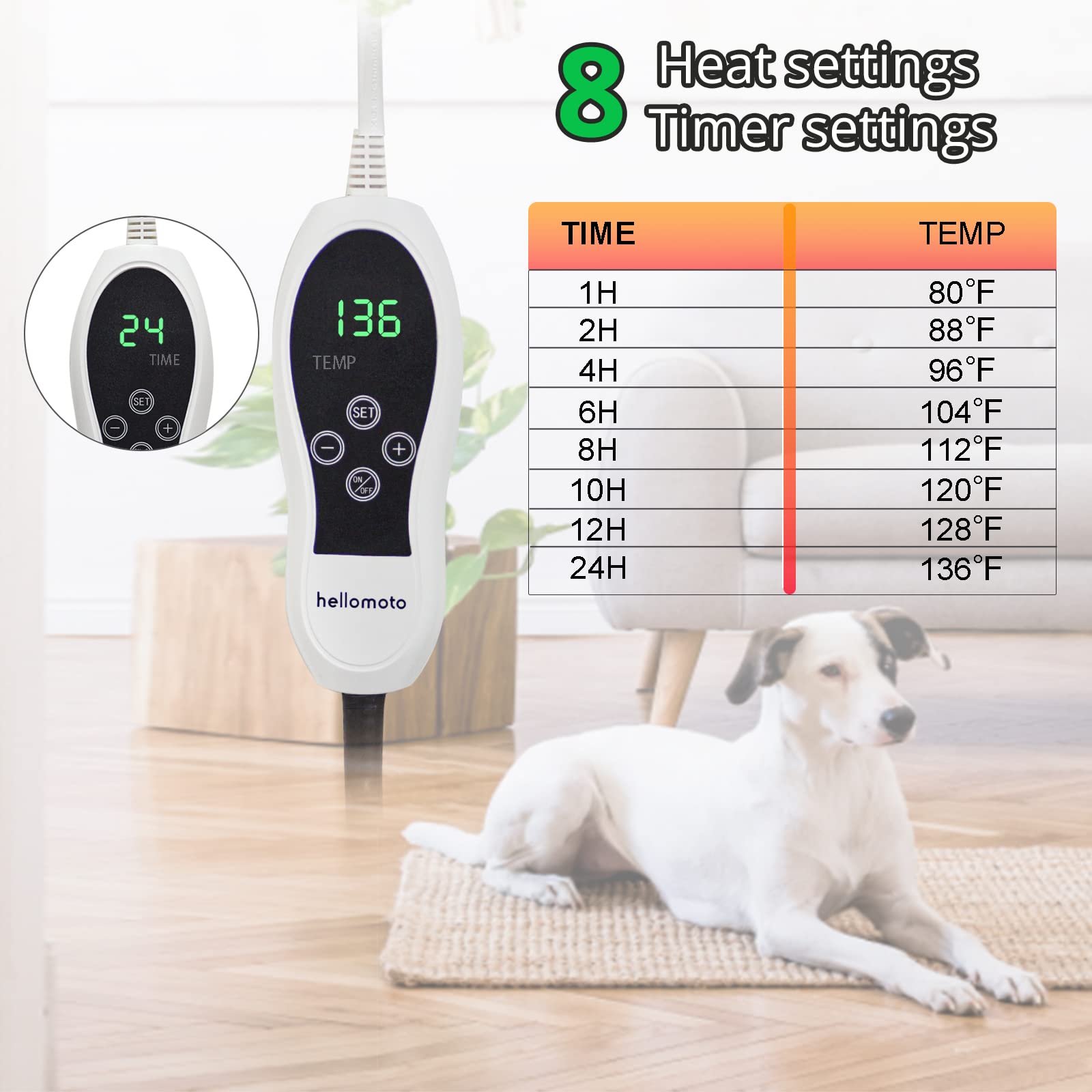 Hellomoto Pet Heating Pad, 12 Heat Settings Dog Cat Heating Pad With Timer, Electric Pads For Dogs Cats With Chew Resistant Cord