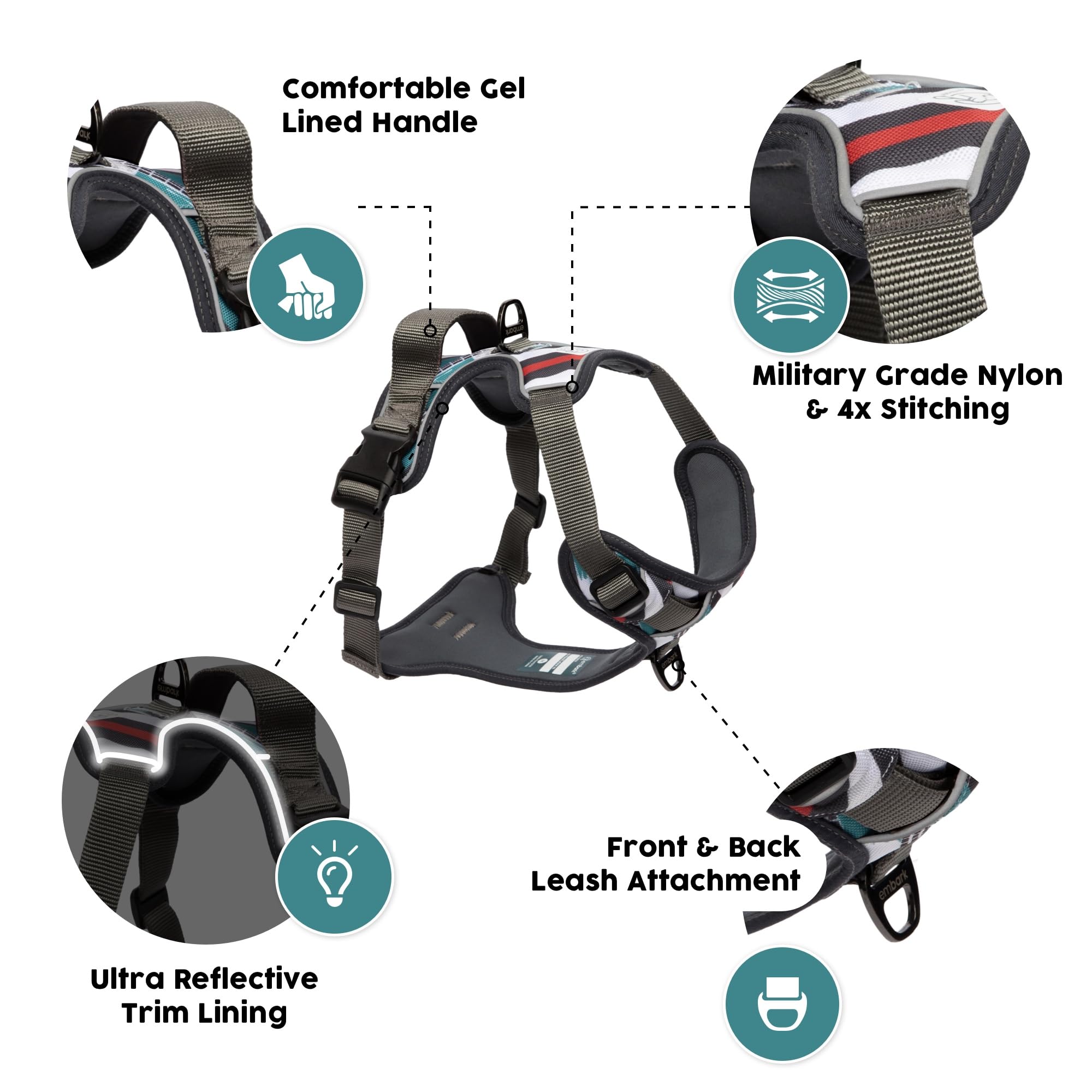 Embark Adventure Dog Harness, Reflective Trim No Pull Dog Harness Medium Sized Dogs - Military Grade Nylon, Front Clip With Gel