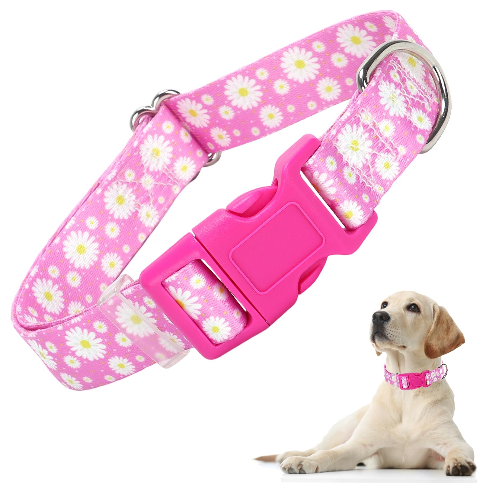 Pink Dog Collars For Medium Dogs, Cute Girl Dog Collar With Daisy Flowers Pattern, Adjustable Heavy Duty Pet Collar With Safety 