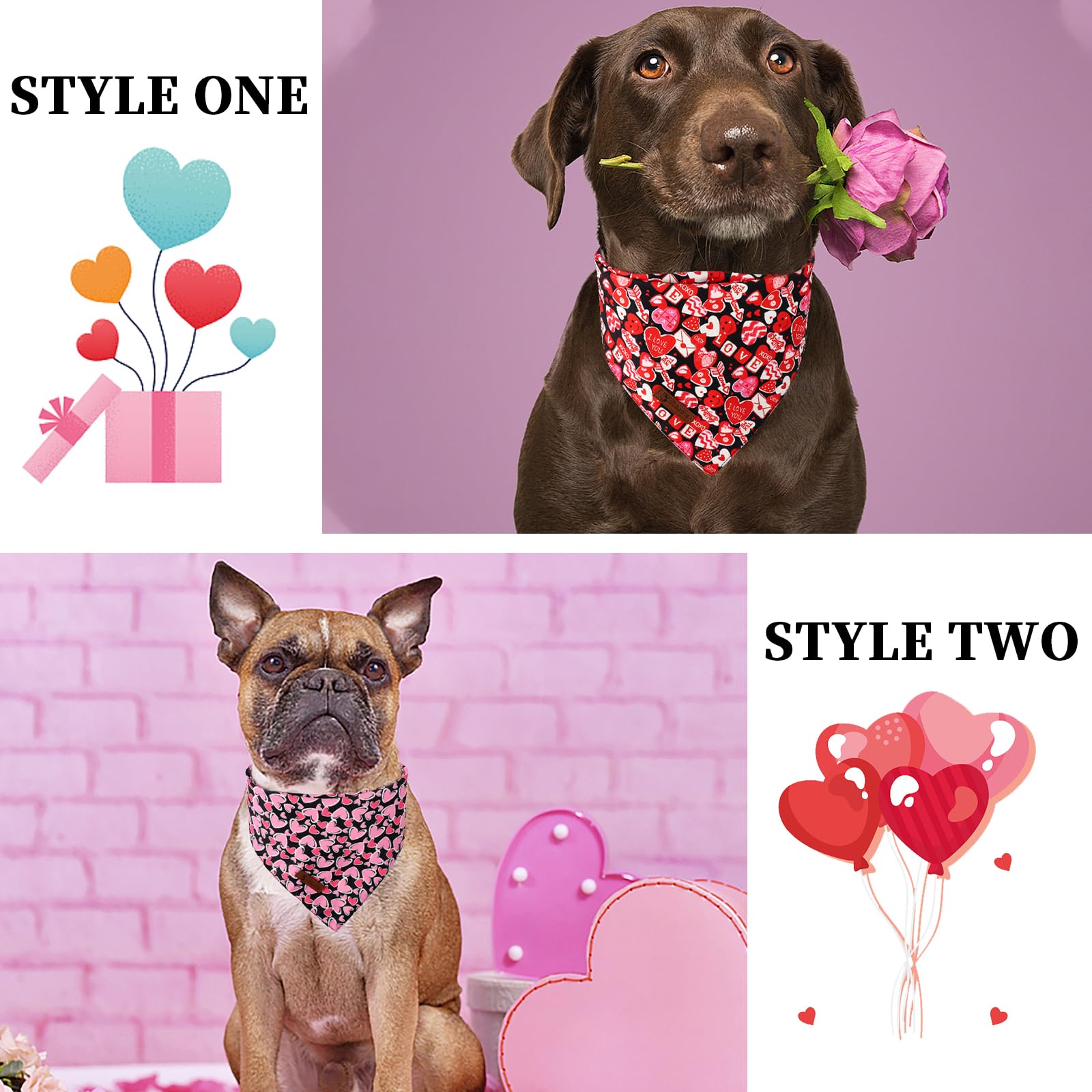 Dogwong Valentine'S Dog Bandanas 2 Pack, Triangle Reversible Love Heart Pet Scarf Durable Red Heart Holiday Bandana For Small An
