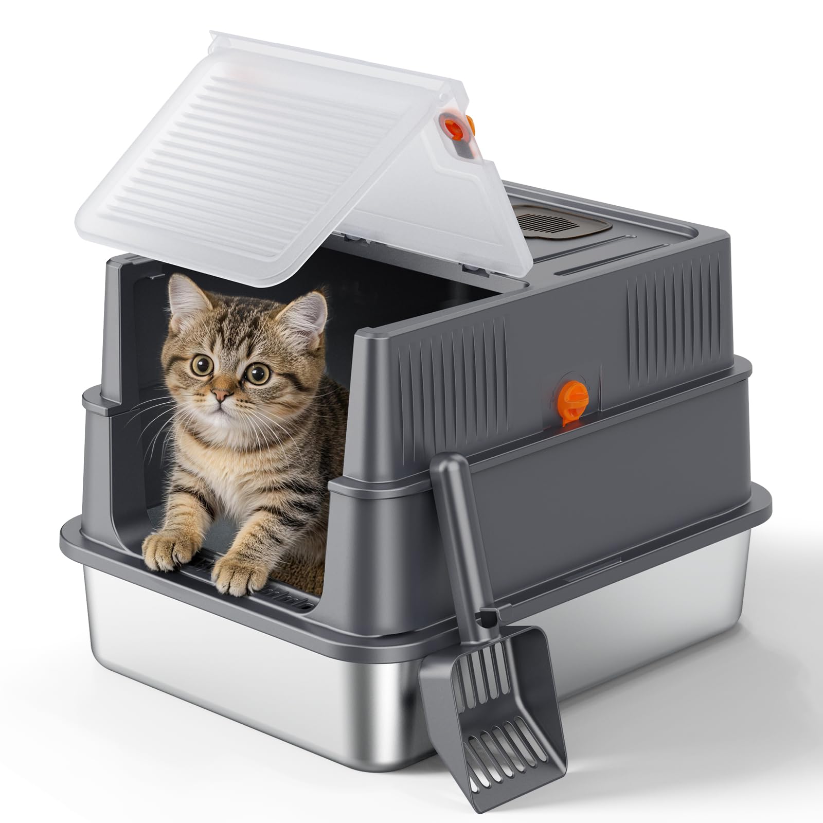 FURTIME Small Stainless Steel Litter Box with Lid for Kitty, Metal Enclosed Cat Litter Box for Small Cats, Kitten Cat Box with H