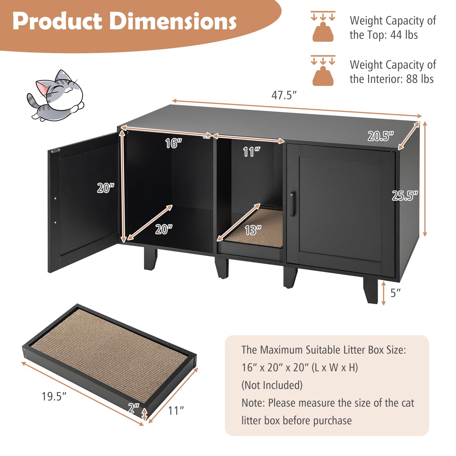 Petsite Litter Box Enclosure For 2 Litter Boxes, Hidden Cat Washroom Tv Stand End Table With 2 Cabinet, Scratching Board, Indoor