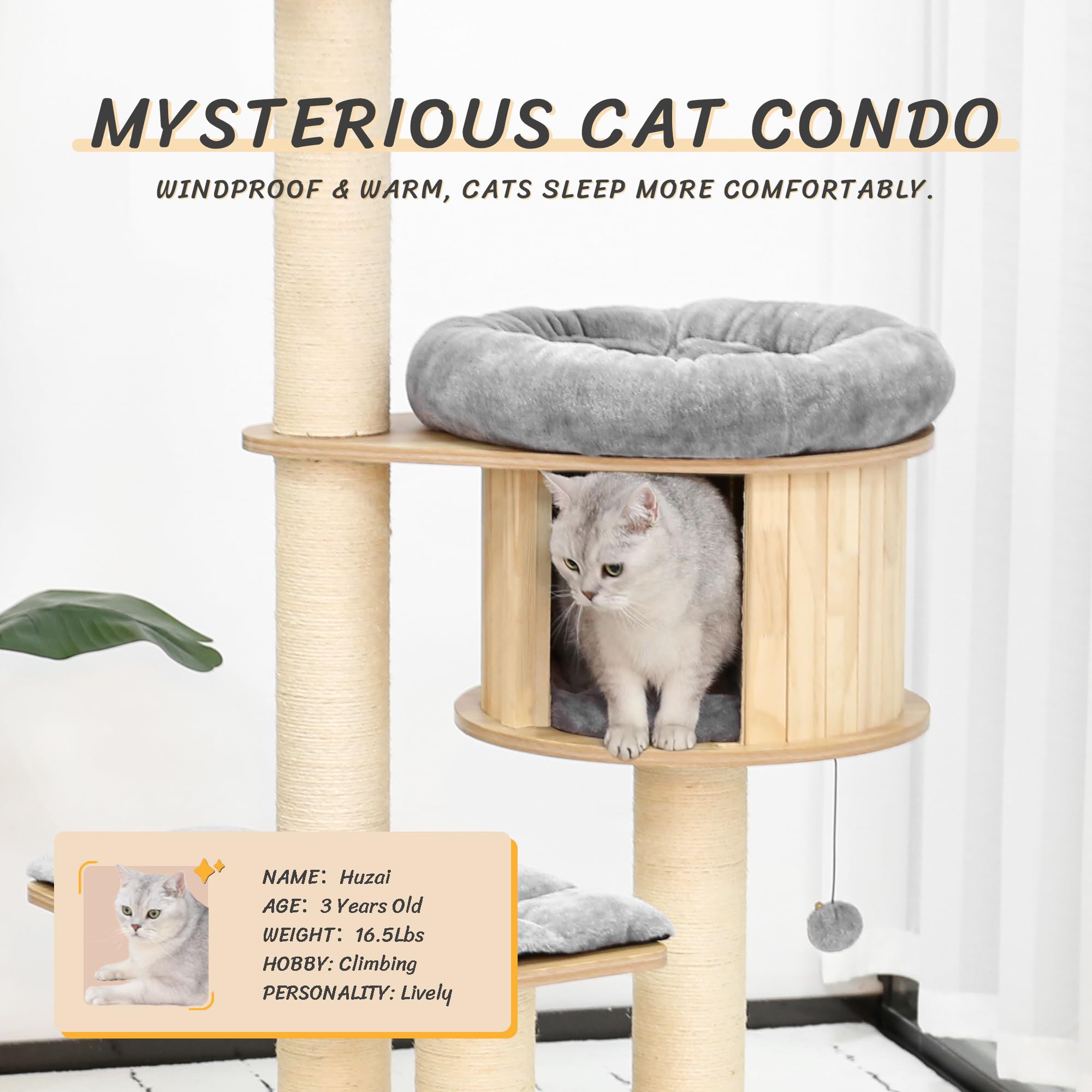 KAMABOKO Modern Cat Tree, Wood with Condo & Cushions, 58.6" Height, Heavy-Duty Design for Large Cats, Model KM001