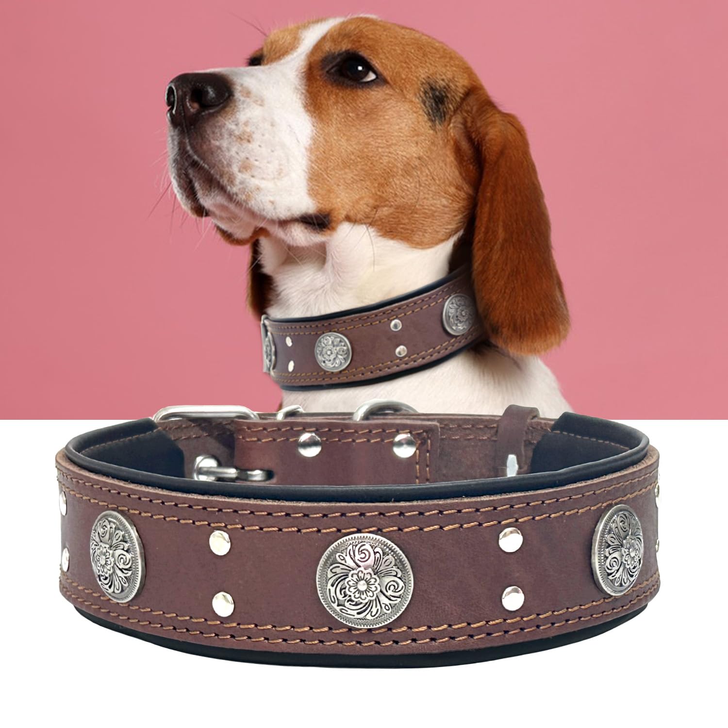 Leather Dog Collar For Large Medium Dogs, Heavy Duty 2 Inches Wide Dog Collars, Thick, Strong, Luxury And Studded Collar For Dog