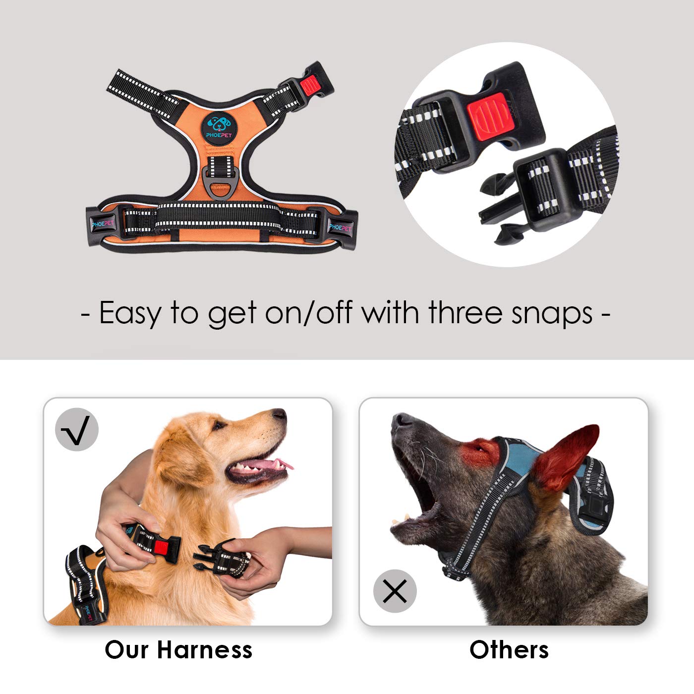 Phoepet Reflective Dog Harness Large Breed Adjustable No Pull Vest With With Handle 2 Metal Rings 3 Buckles [Easy To Put On & Take Off](L, Orange)