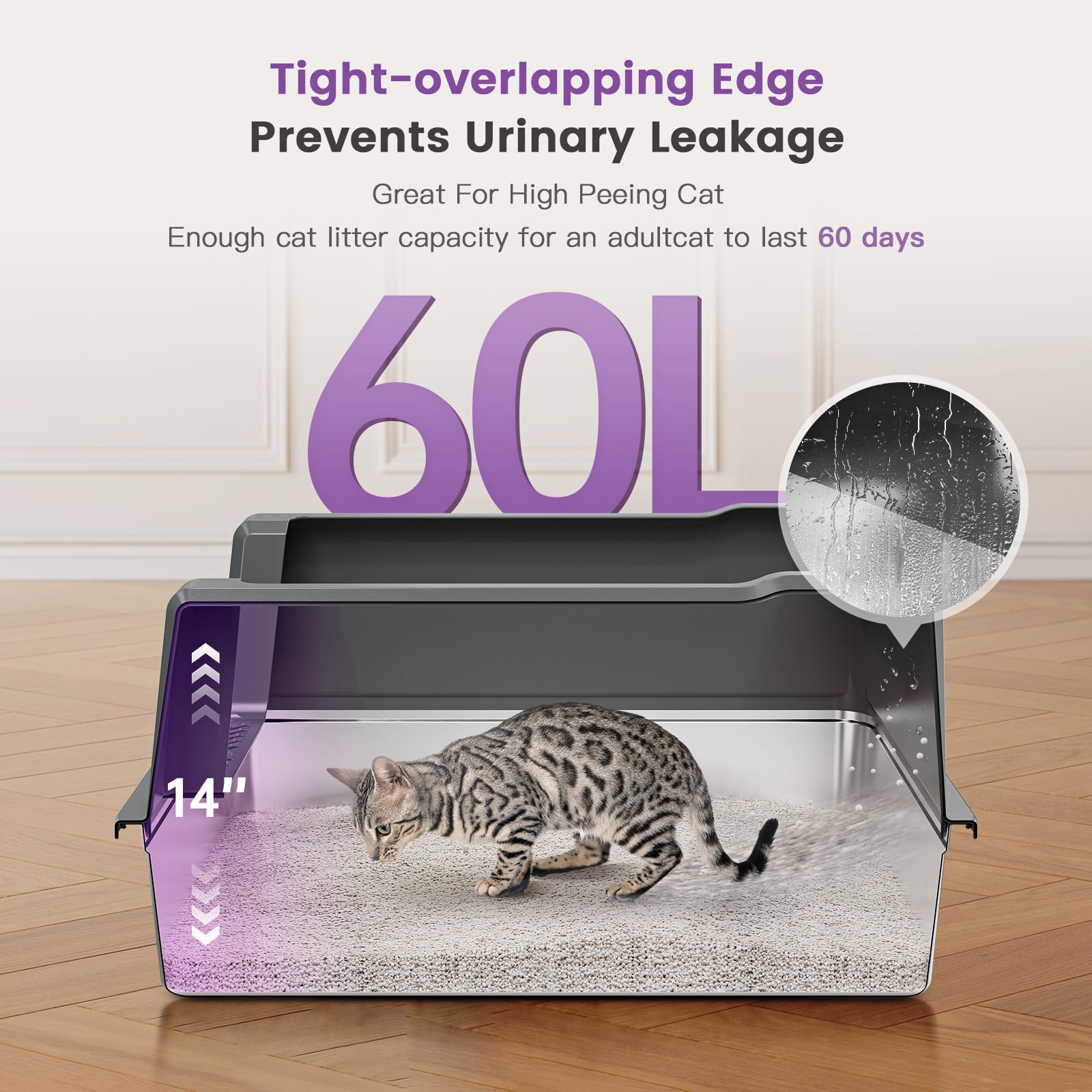XXL Stainless Steel Cat Litter Box with High Sided, 28 L x 20 W x 14 H Extra Large Litter Box for Big Cats and Multiple Cats, En