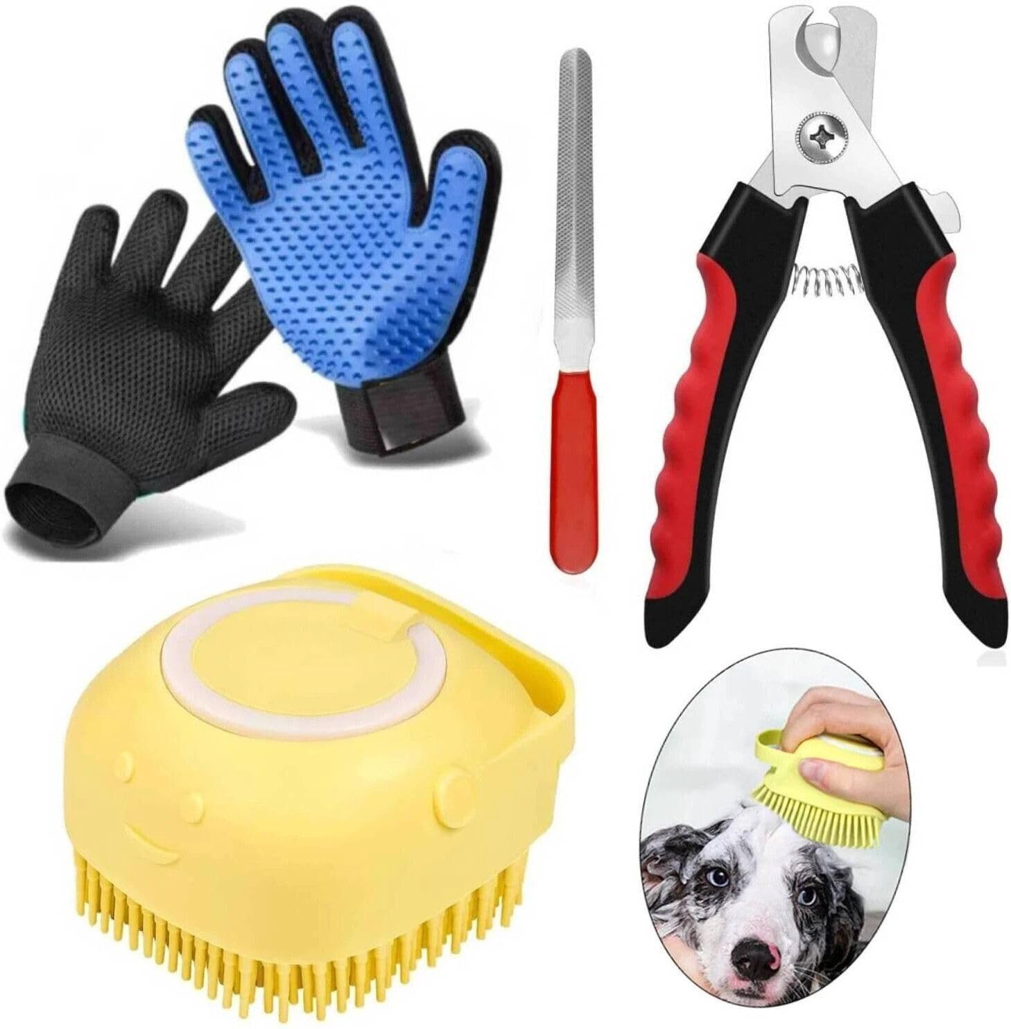 Kivo Pet Bath Brush, Pet Nail Clipper & Pet Slicker Grooming Gloves Combo | Dog & Cat Grooming Kit | Deshedding Brush, Nail Cutt