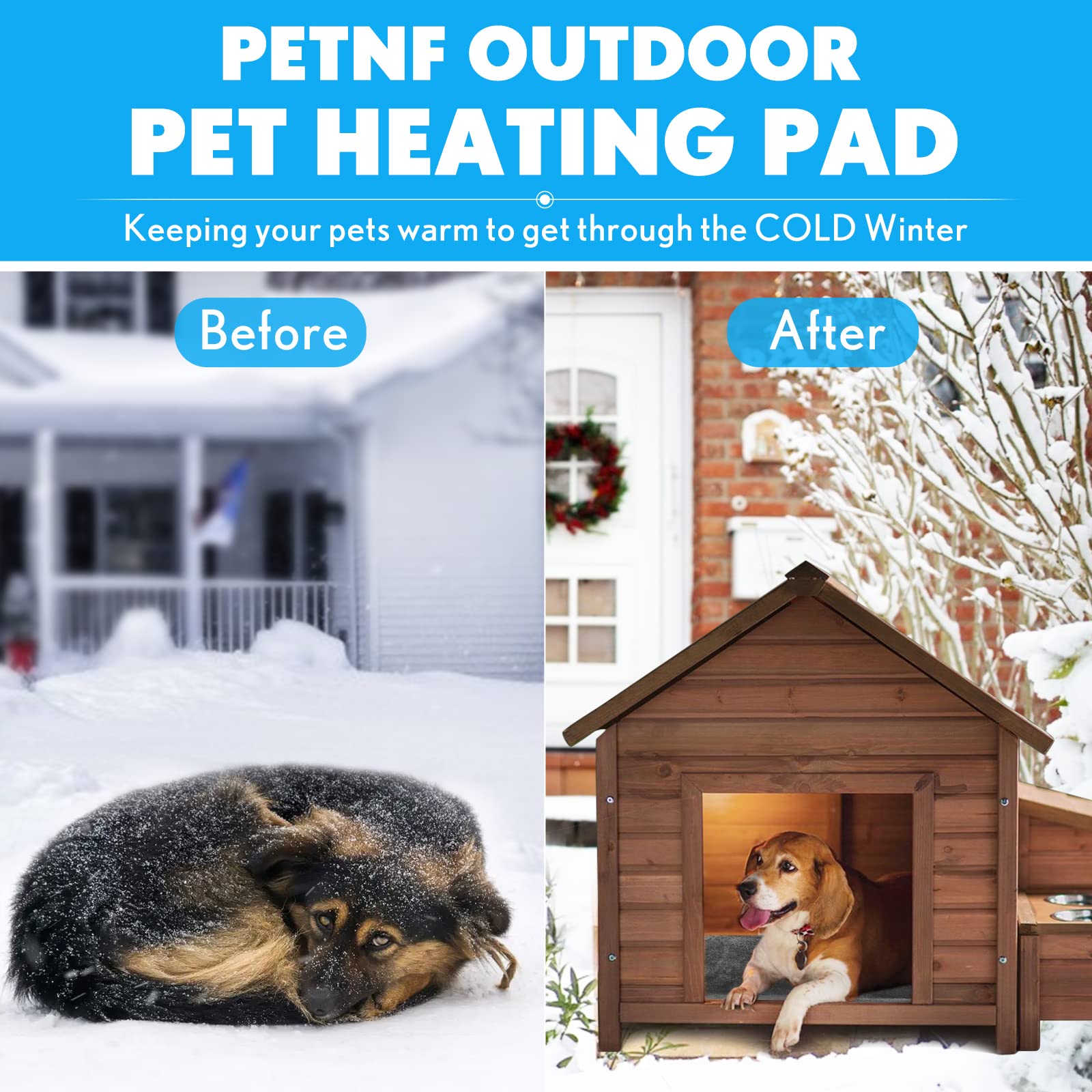 PETNF Outdoor Heated Pet Bed - Waterproof, Soft Electric Blanket, 27.6'' x 15.7'', Gray, Auto Temperature Control for Dogs and Cats