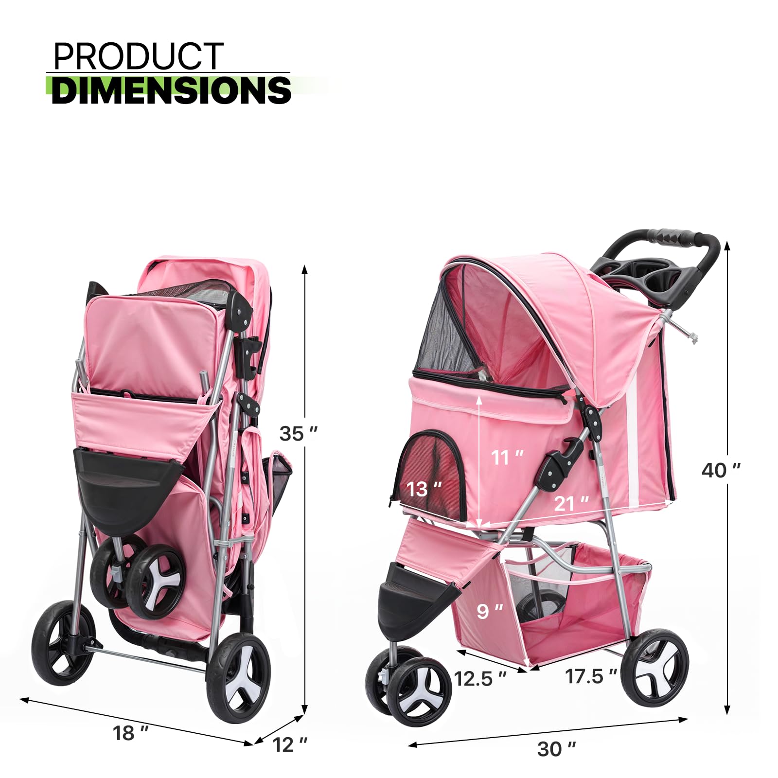 Magshion 3 Wheel Foldable Waterproof Premium Quality Pet Cat Dog Stroller Travel Carrier Light Weight with Storage Basket Cup Ho