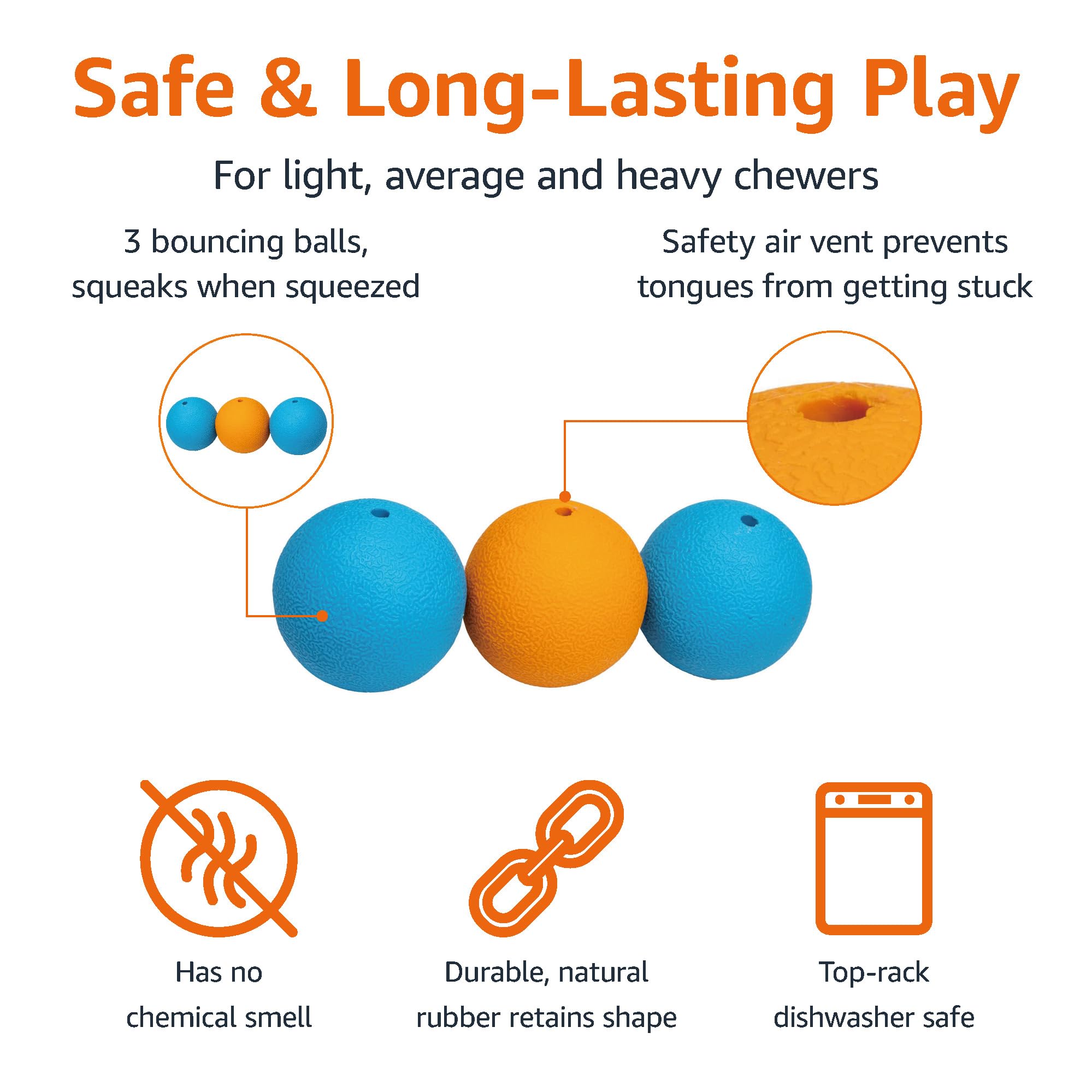Amazon Basics Squeaker Toy Dog Balls, 2.5-Inch, 3-Pack, Blue, Orange