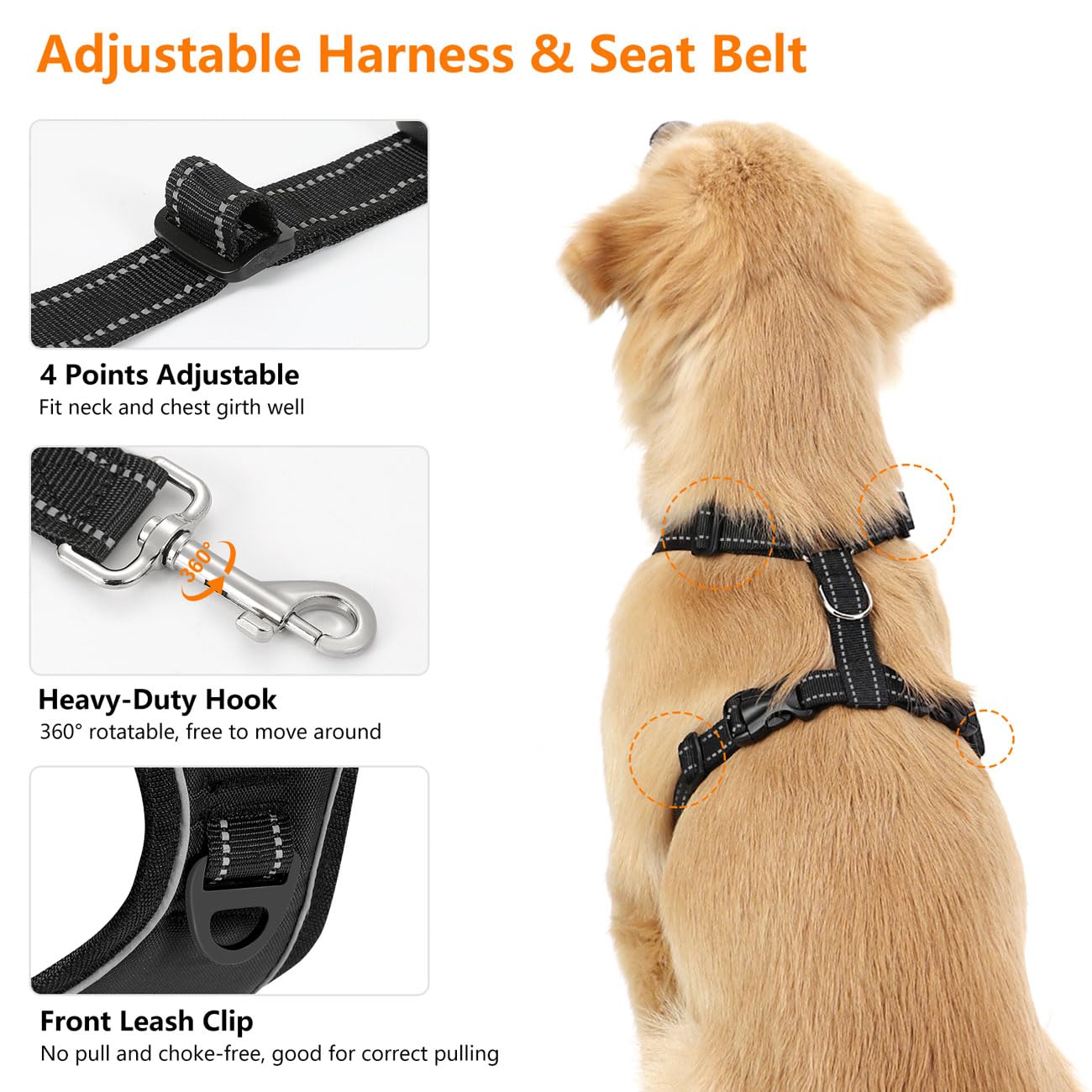 Vavopaw Dog Seat Belt, Safety Vest Dog Car Harness With Reflective Strip & Adjustable Buckle Dog Seat Belt For Vehicle Nylon Pet Safety Seat Belts Heavy Duty(M, Carbon Black)
