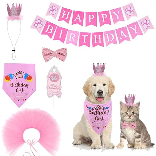 Cozifree Dog Birthday Bandana Girl Boy 6Pcs Birthday Party Supplies - Tutu Skirt Crown Hat Scarf Tie Happy Birthday Banner Cake Topper Decorations Birthday Outfit For Pet Puppy Cat Purple