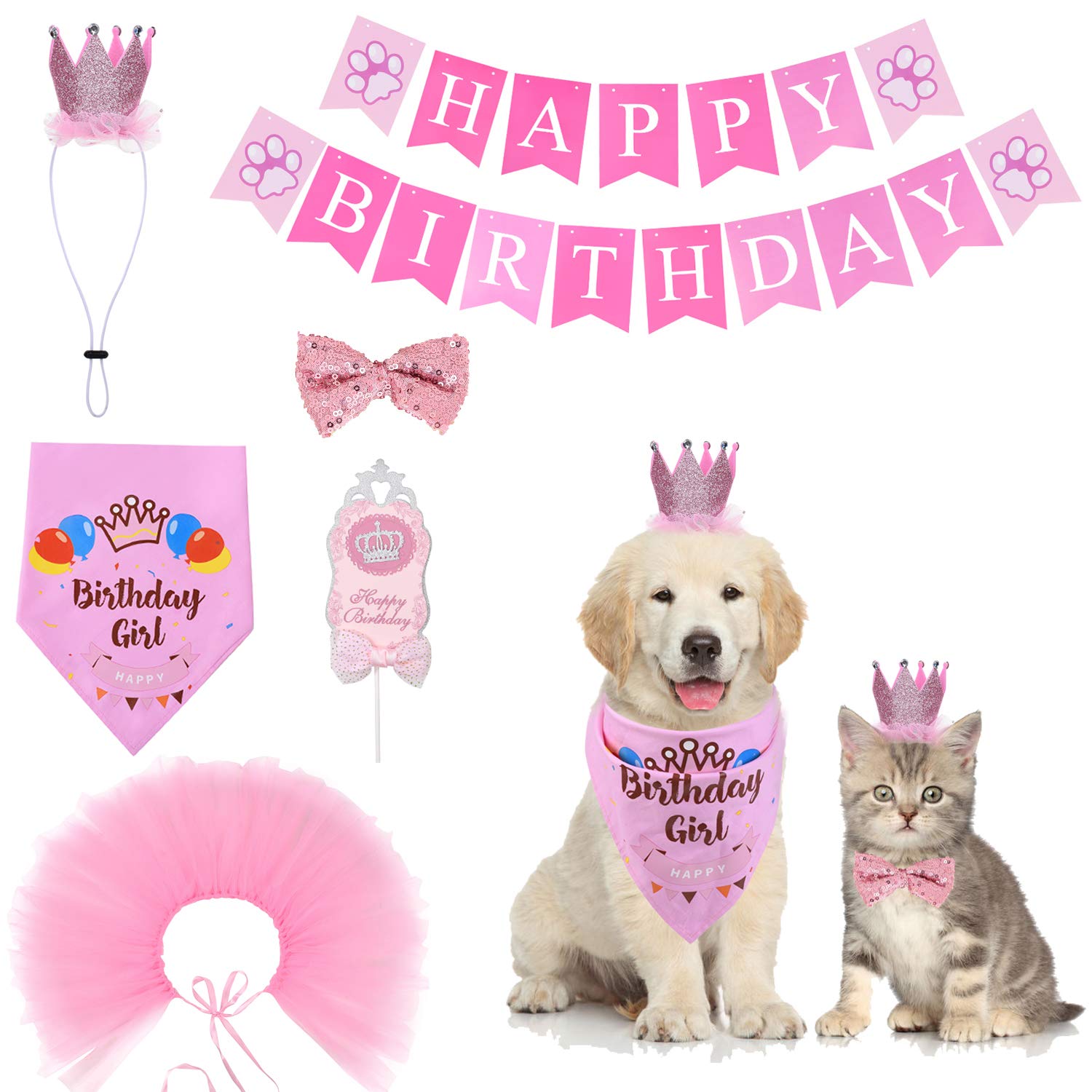 Cozifree Dog Birthday Bandana Girl Boy 6Pcs Birthday Party Supplies - Tutu Skirt Crown Hat Scarf Tie Happy Birthday Banner Cake Topper Decorations Birthday Outfit For Pet Puppy Cat Purple
