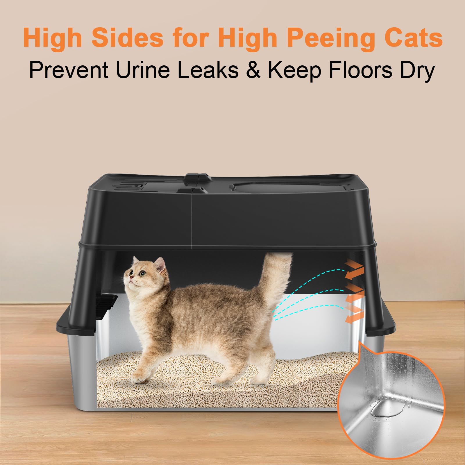 URPOWER Stainless Steel Cat Litter Box with Lid 110 Flip-Top Extra Large Enclosed Litter Box Non-Sticky Metal Pan with High Side