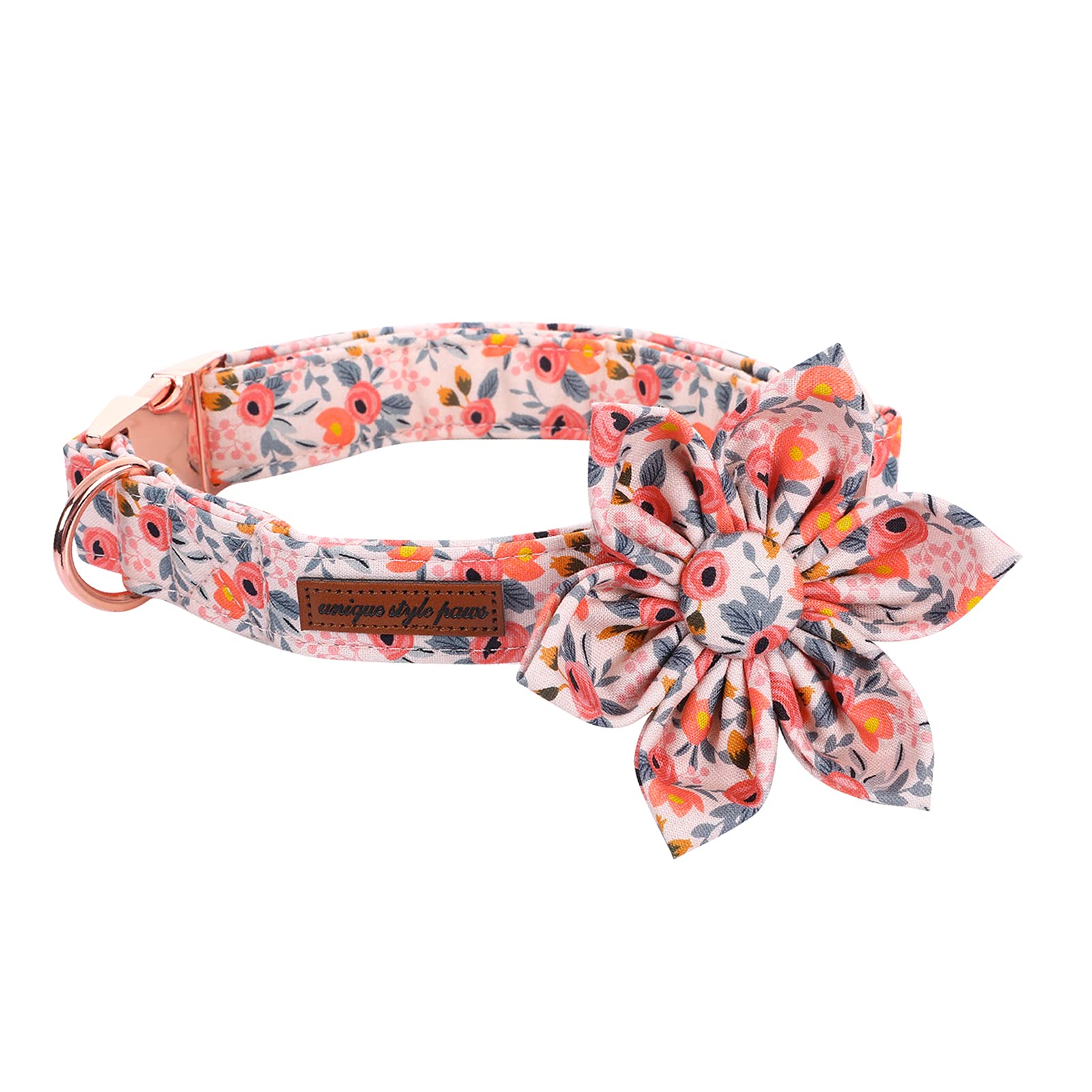 Uniqe Style Paws Flower Dog Collar, Peach Rose Adjustable Girl Dog Collar With Flower, Durable Floral Pattern Pet Collar For Medium Female Dogs