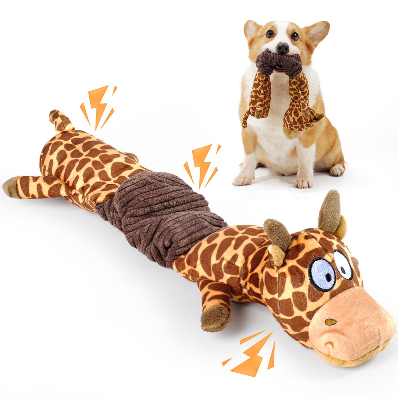 MEWMINGLE 3-in-1 Squeaky Dog Toy for Chewer (Squeaker, Crinkle Paper & Elastic Band), Durable Interactive Puppy Plush Stuffed Ch