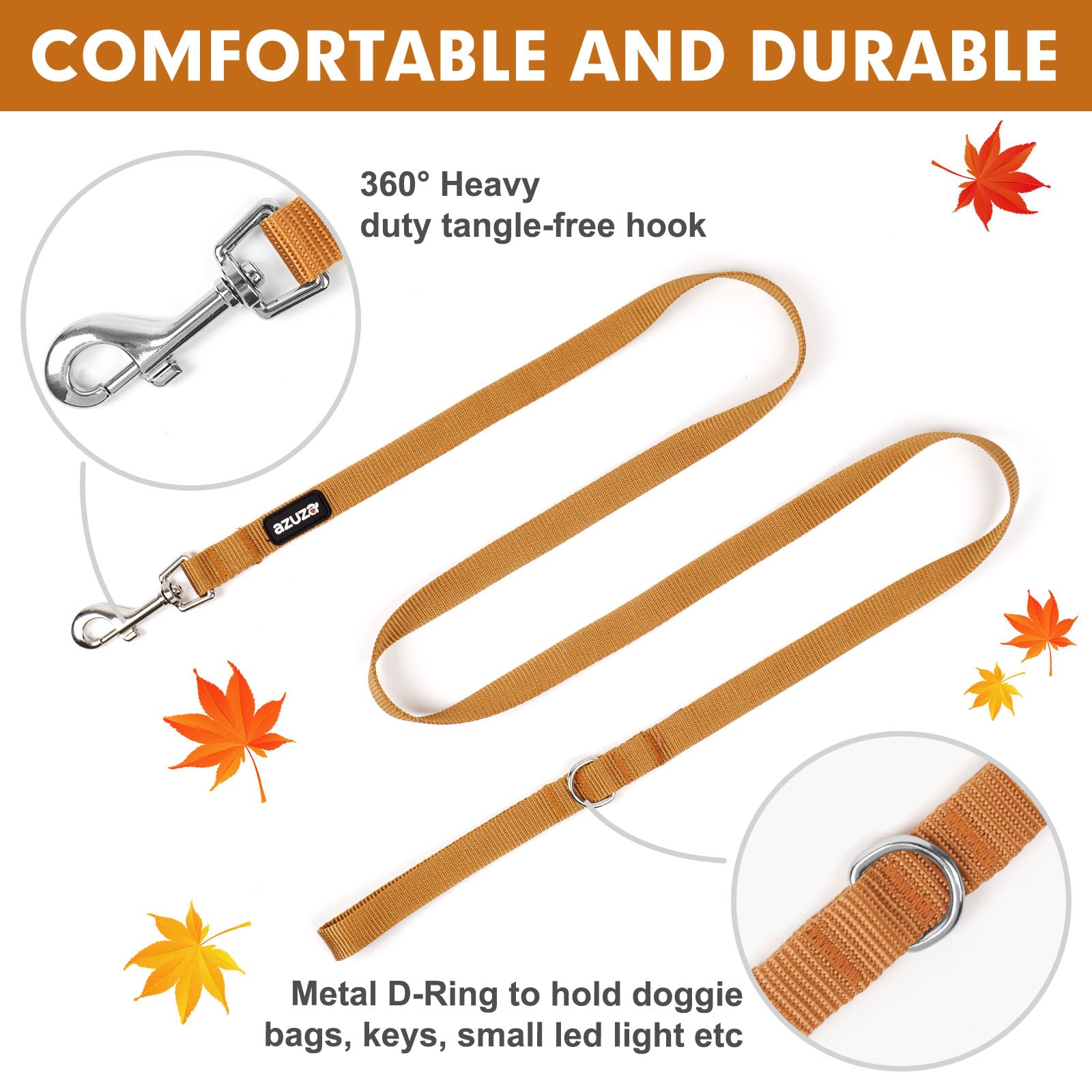 Azuza Nylon Fall Dog Collar And Leash Set, Strong & Durable Basic Style Leash With Easy To Use Collar Hook, Available In Multipl