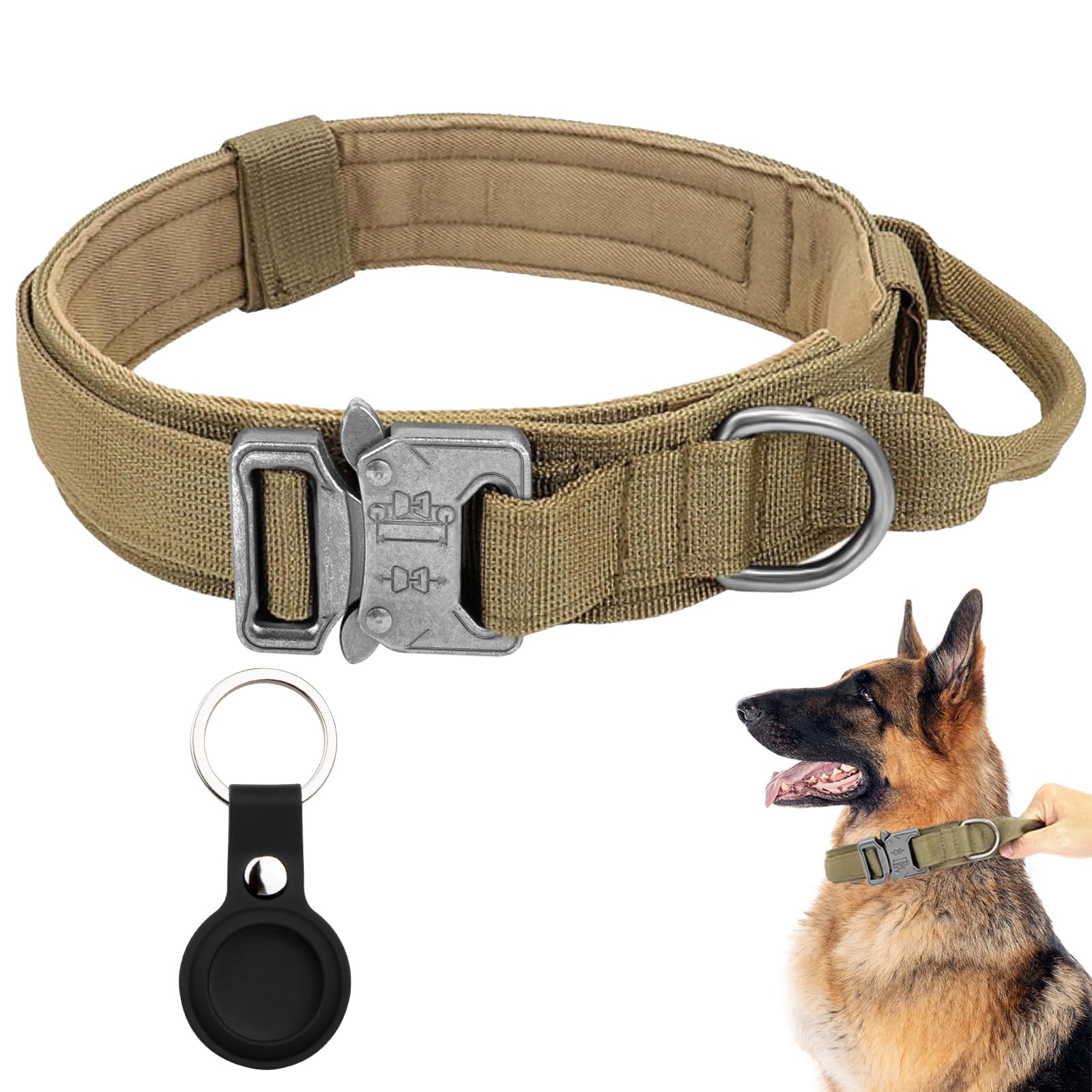 Tactical Military Dog Collar - Adjustable Nylon With Control Handle & Heavy Metal Buckle For Medium & Large Dogs (Xl, Brown) Wit