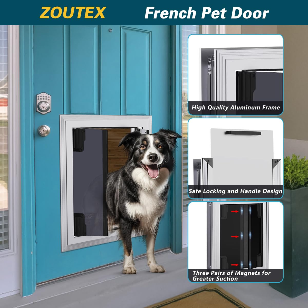 Large Dog Door, Energy Efficient French Doggy Door With Aluminum Frame, Telescoping Tunnel, Magnetic Flaps And Sliding Lock Pane