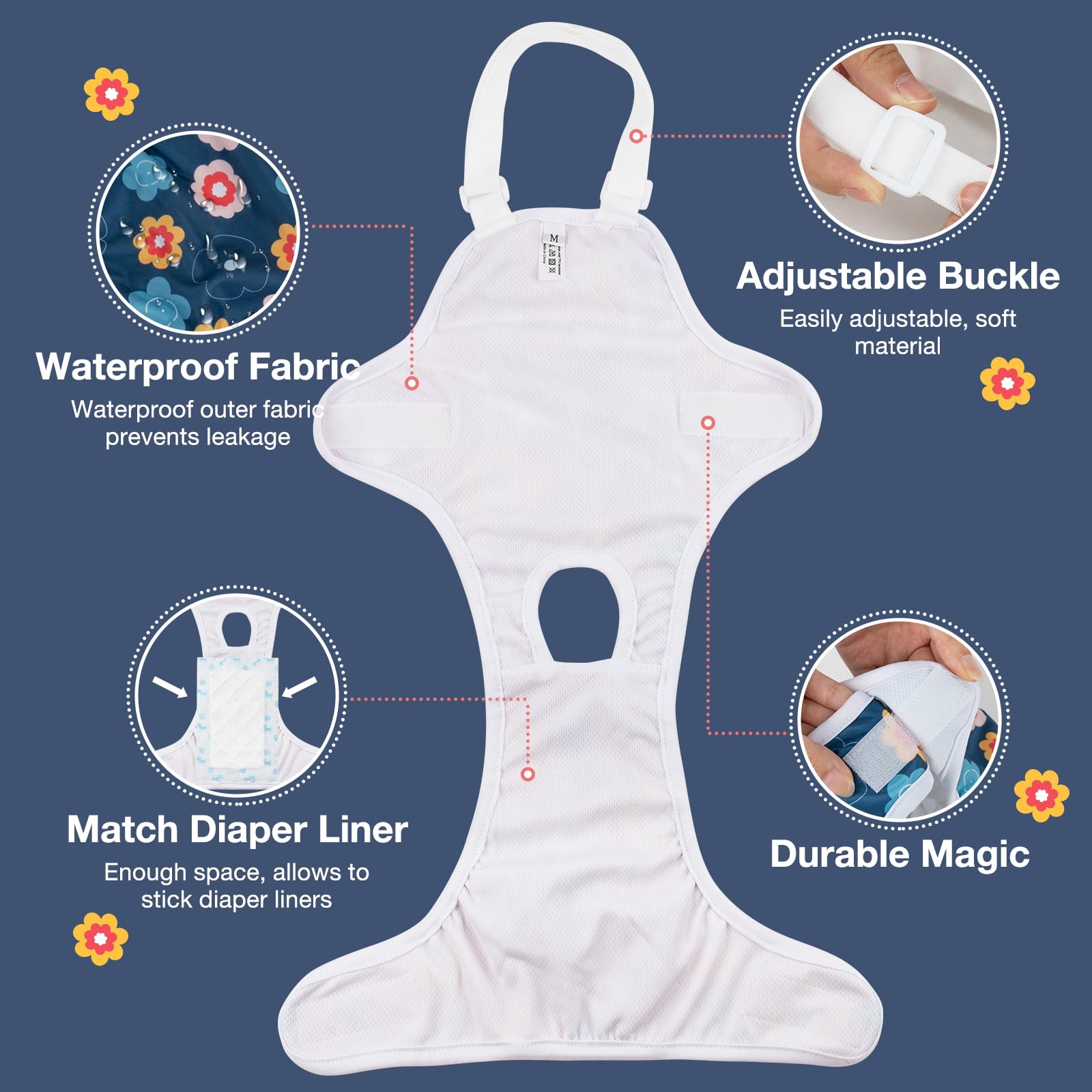 MICOOYO Dog Diaper Onesie for Female Dogs - Adjustable, Washable, Floral, L/XL, Model DP1