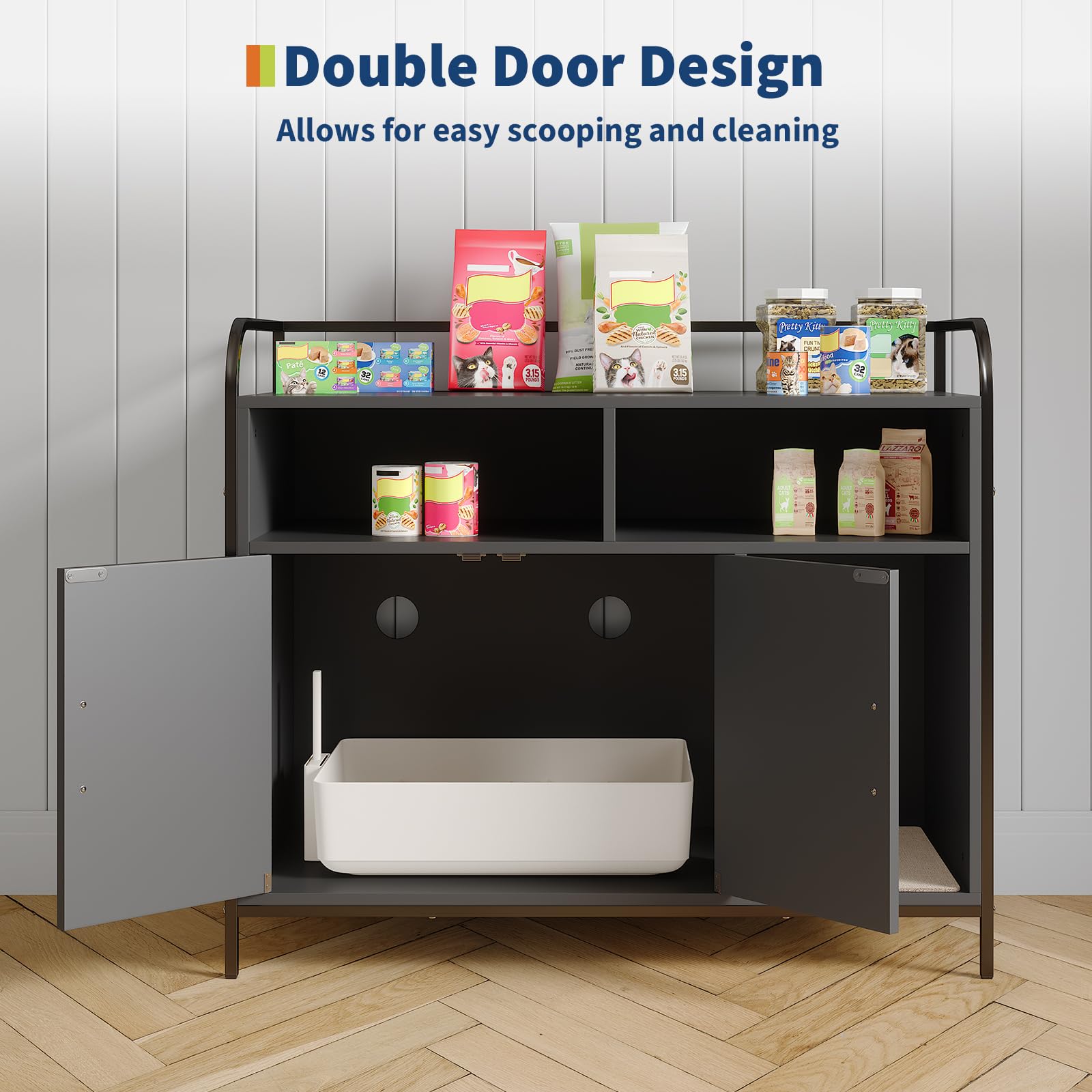GarveeHome Cat Litter Box Enclosure with Metal Frame and Dual Storage Shelves, Modern Hidden Litter Box Furniture Indoor Cat Hou