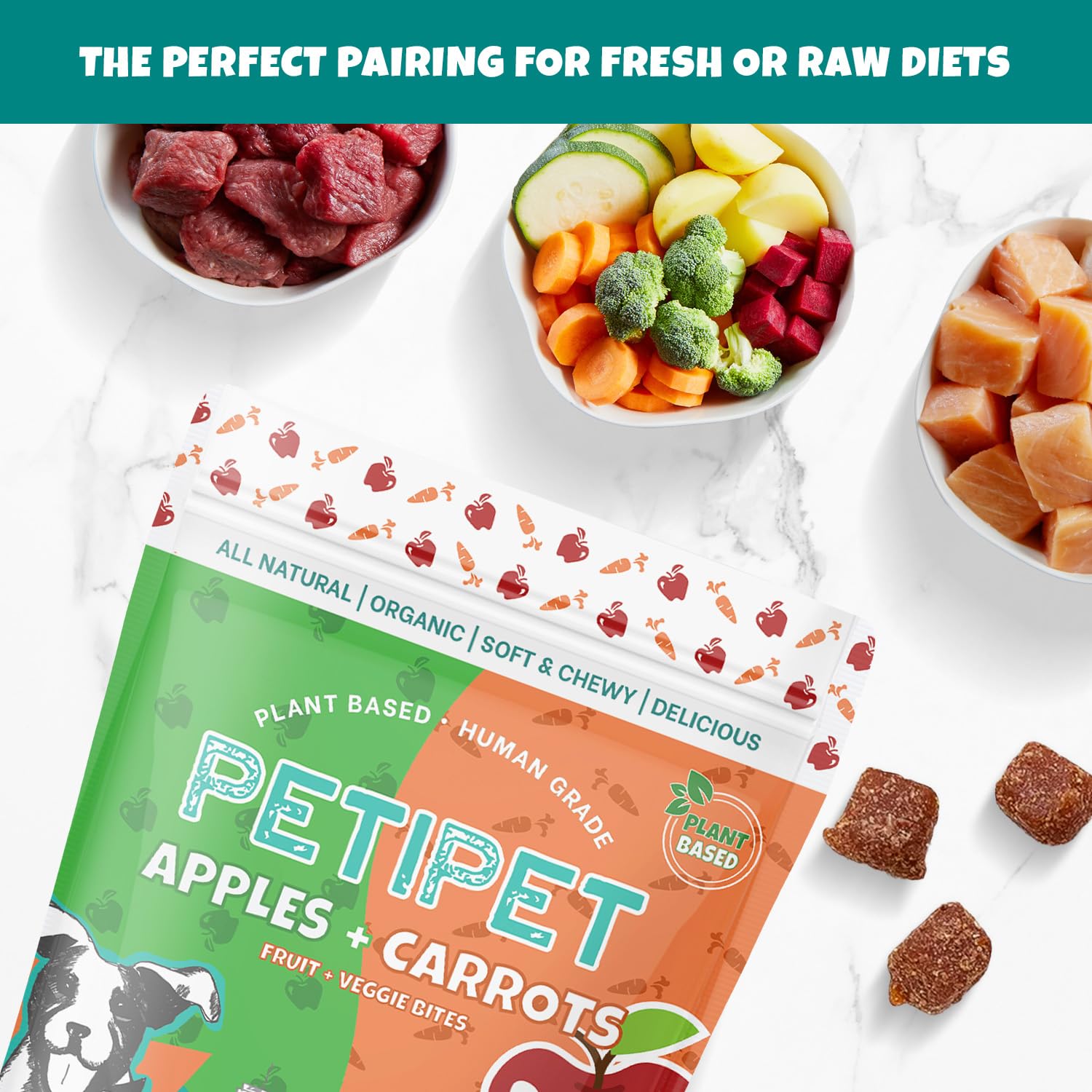 PETIPET Apples+Carrots Plant-Based Fruit Dog Treats - Carrot and Apple Soft & Chewy - Healthy Vegetarian, Vegan Dog Treats with